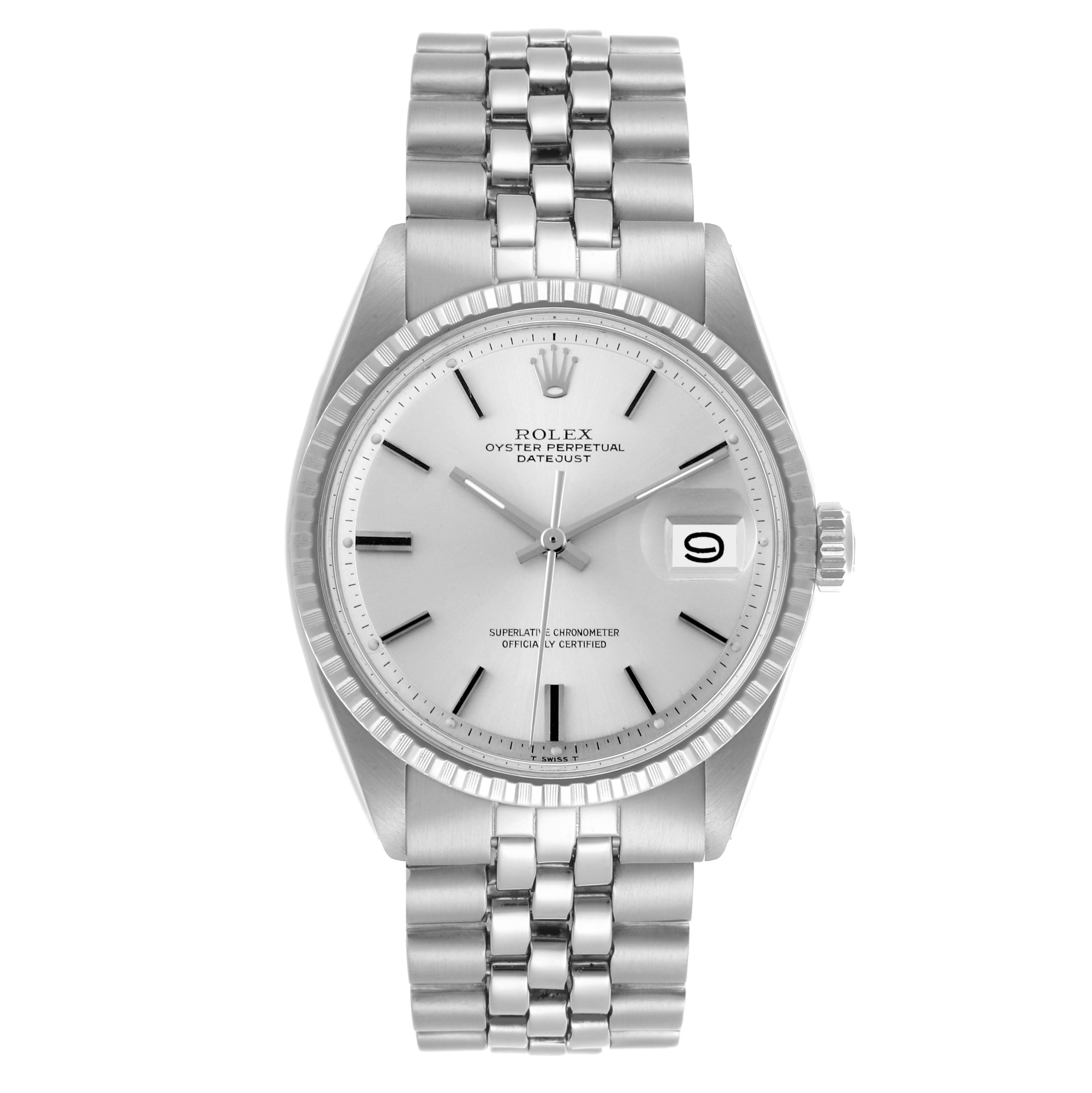 The Rolex Datejust 1603 Men's Stainless Steel Silver Dial 1603 Men's Stainless Steel Silver Dial watch is shown from the front, displaying its dial, bezel, crown, and bracelet.