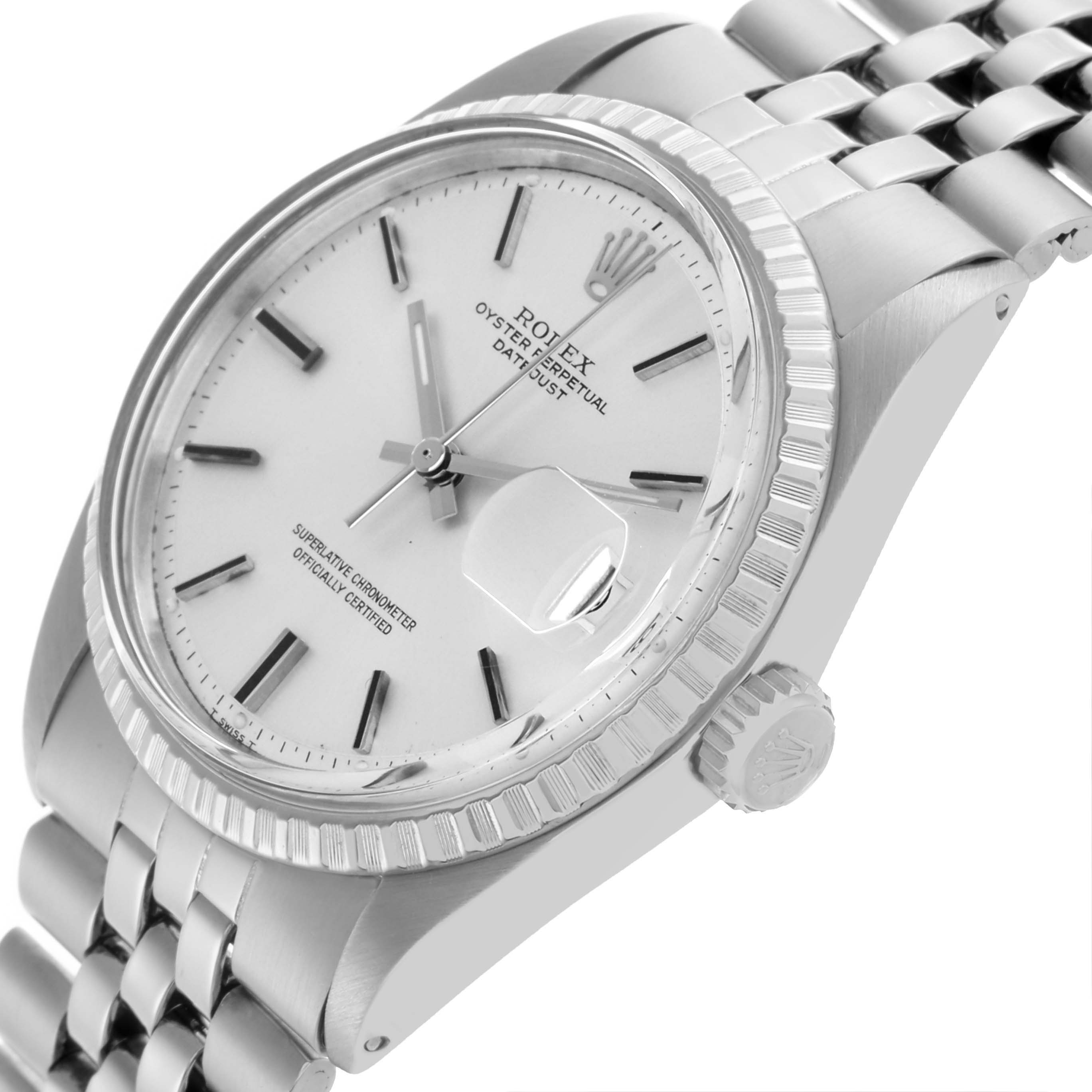 The Rolex Datejust 1603 Men's Stainless Steel Silver Dial 1603 Men's Stainless Steel Silver Dial watch is shown at an angled close-up, highlighting the face, bezel, crown, and bracelet.