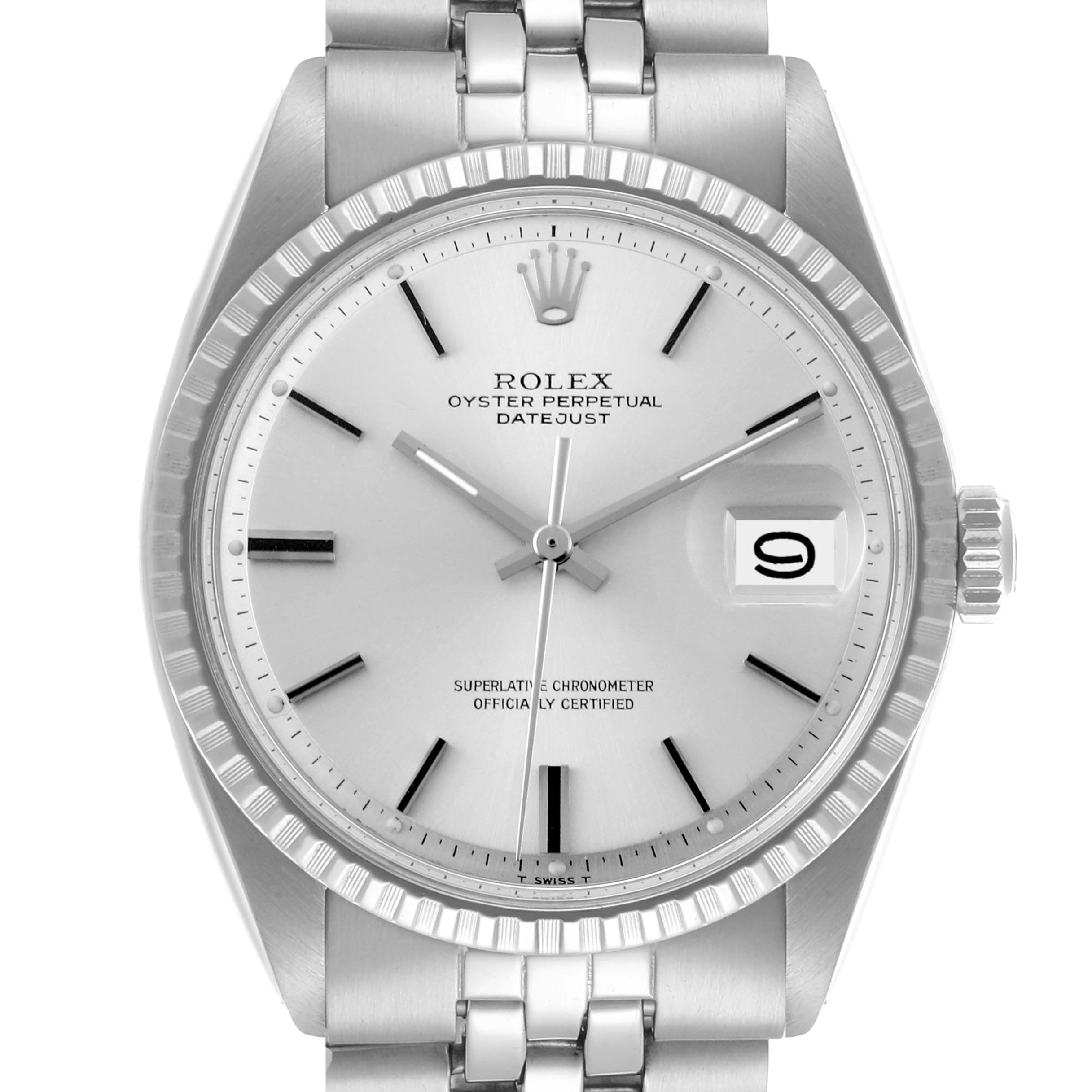 The Rolex Datejust 1603 Men's Stainless Steel Silver Dial 1603 Men's Stainless Steel Silver Dial watch is shown from a front angle, displaying the dial, bezel, crown, and part of the bracelet.