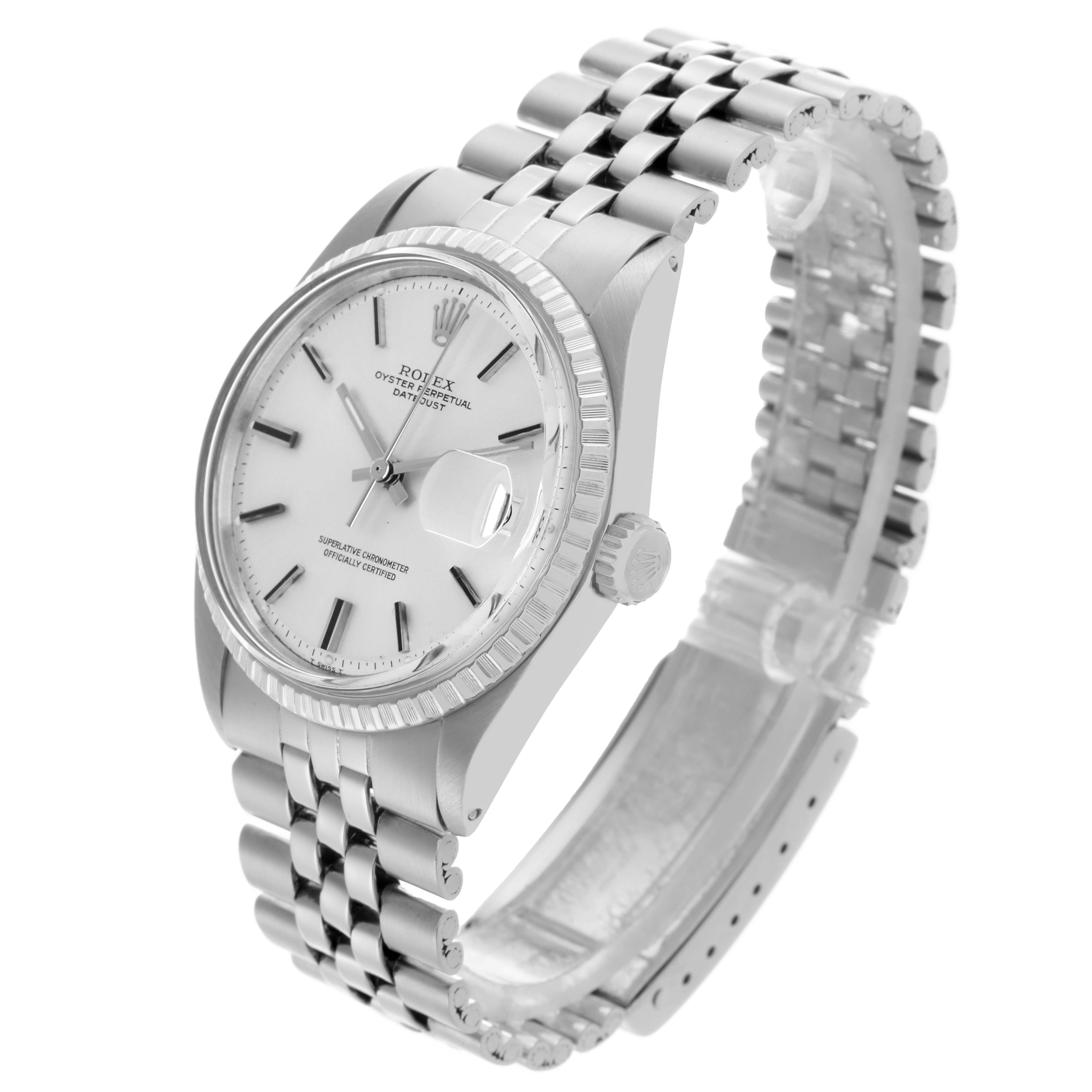 The Rolex Datejust 1603 Men's Stainless Steel Silver Dial 1603 Men's Stainless Steel Silver Dial watch is shown at a three-quarter angle, highlighting the dial, bezel, and Jubilee bracelet.