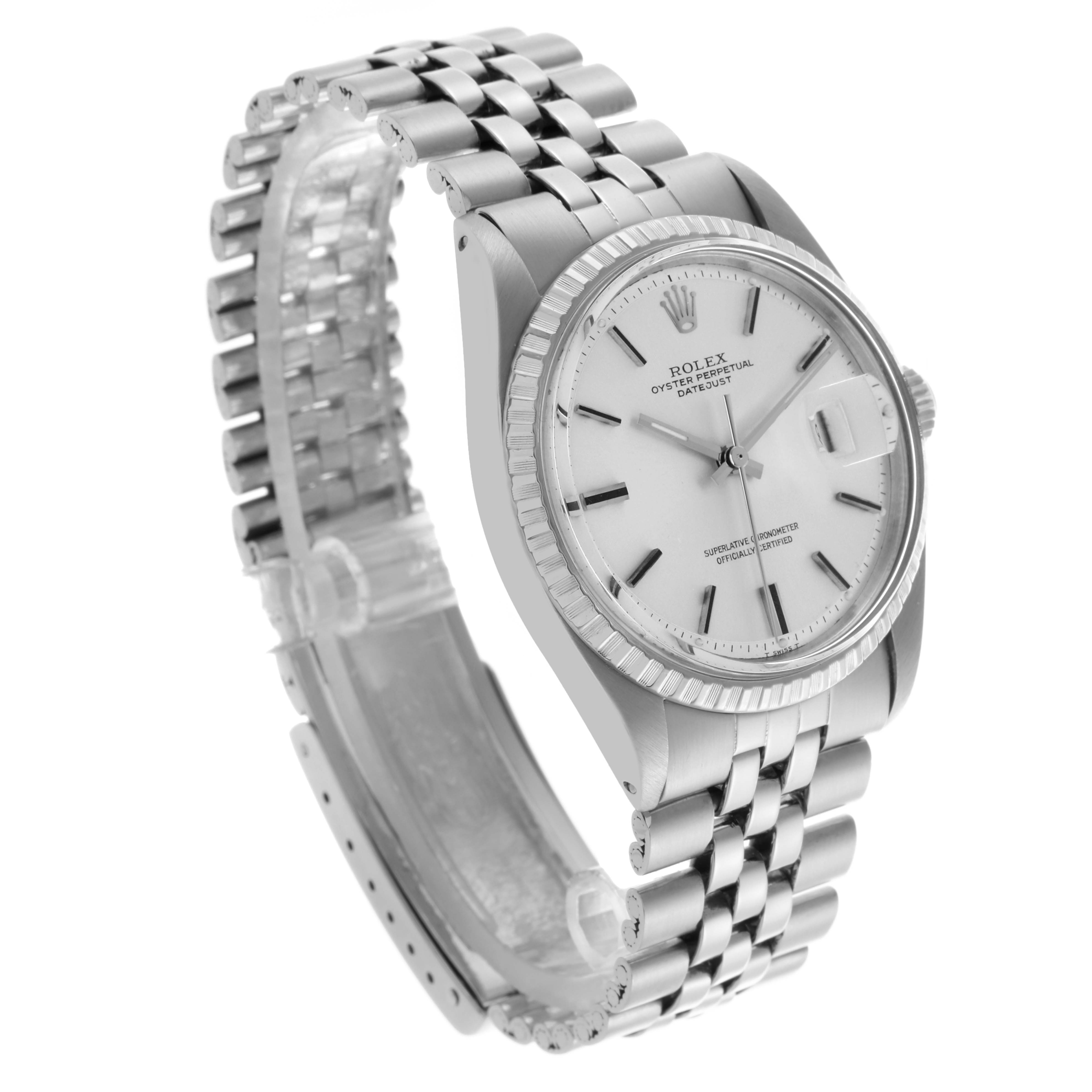 The Rolex Datejust 1603 Men's Stainless Steel Silver Dial 1603 Men's Stainless Steel Silver Dial watch is shown at an angle highlighting the dial, bezel, and partially open Jubilee bracelet.