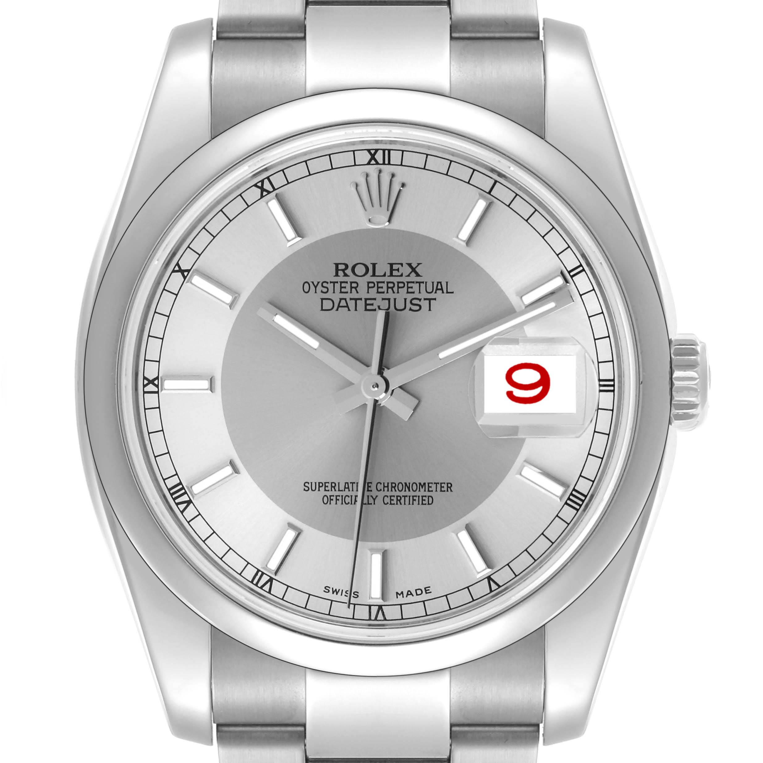 The Rolex Datejust 116200 Men's Stainless Steel Silver Dial 116200 Men's Stainless Steel Silver Dial watch is shown from a front angle, displaying the dial, hands, crown, and part of the bracelet.