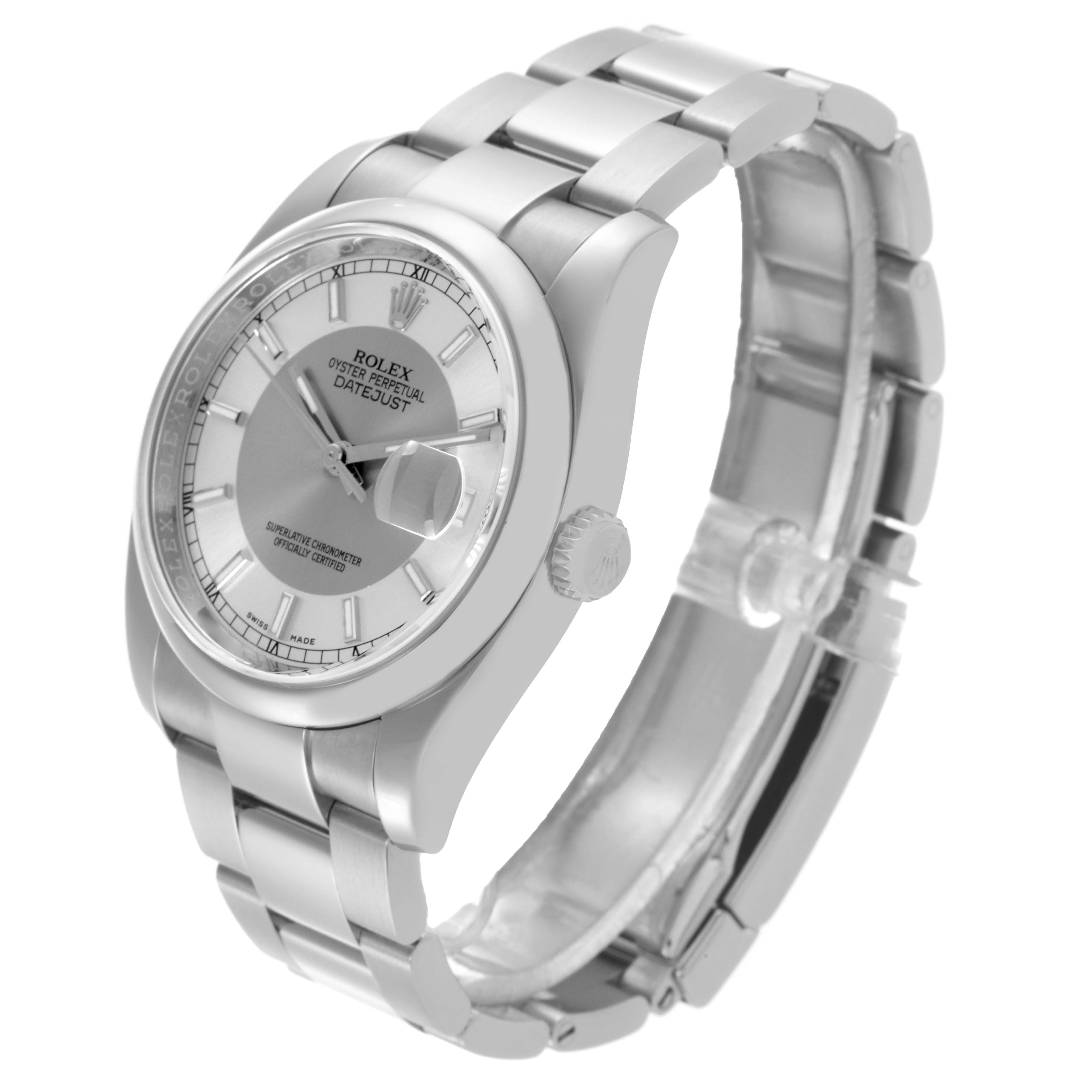 The Rolex Datejust 116200 Men's Stainless Steel Silver Dial 116200 Men's Stainless Steel Silver Dial watch is shown at a three-quarter angle, highlighting the face, bezel, crown, and bracelet.