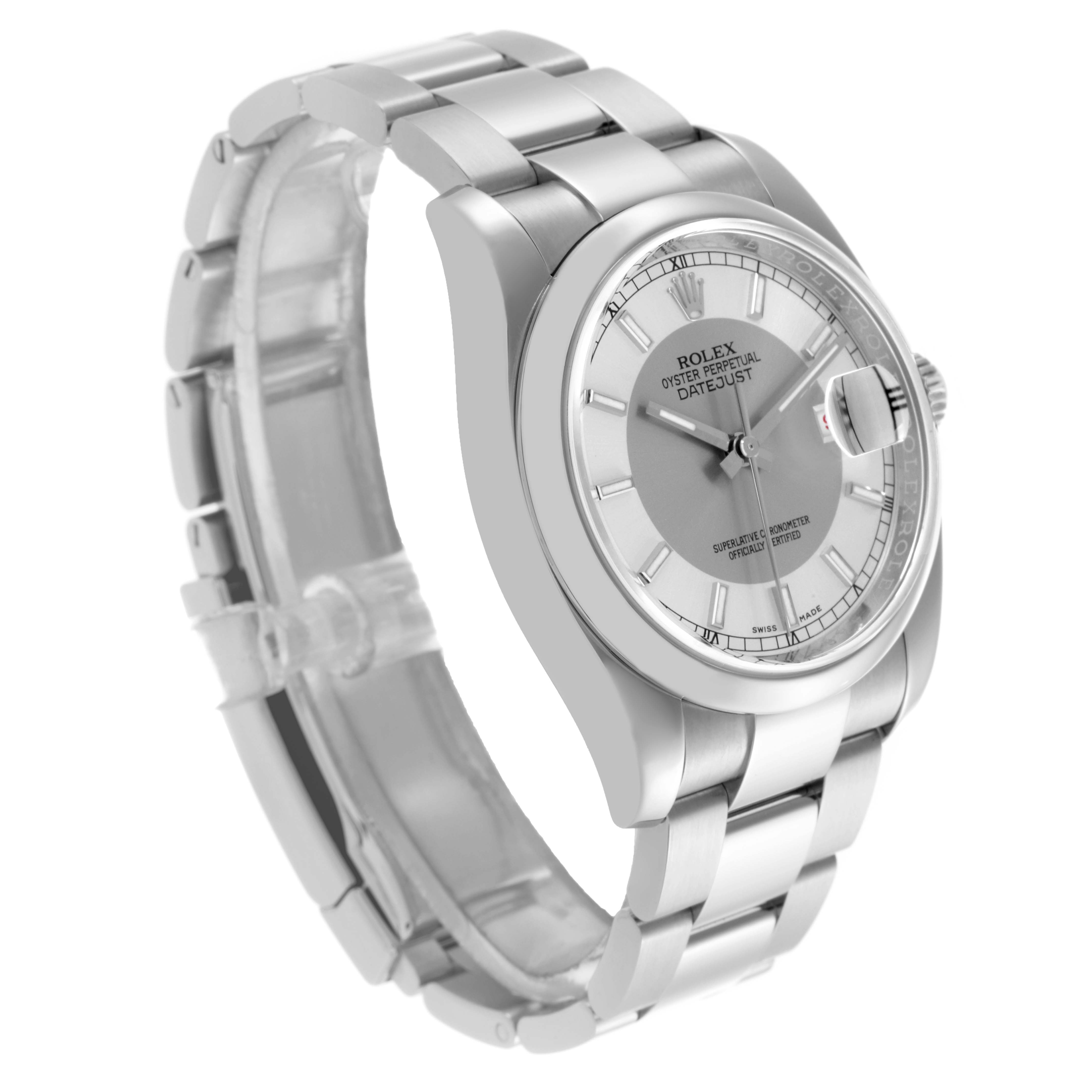 The Rolex Datejust 116200 Men's Stainless Steel Silver Dial 116200 Men's Stainless Steel Silver Dial is shown at a three-quarter angle, highlighting the face, bezel, crown, and bracelet.