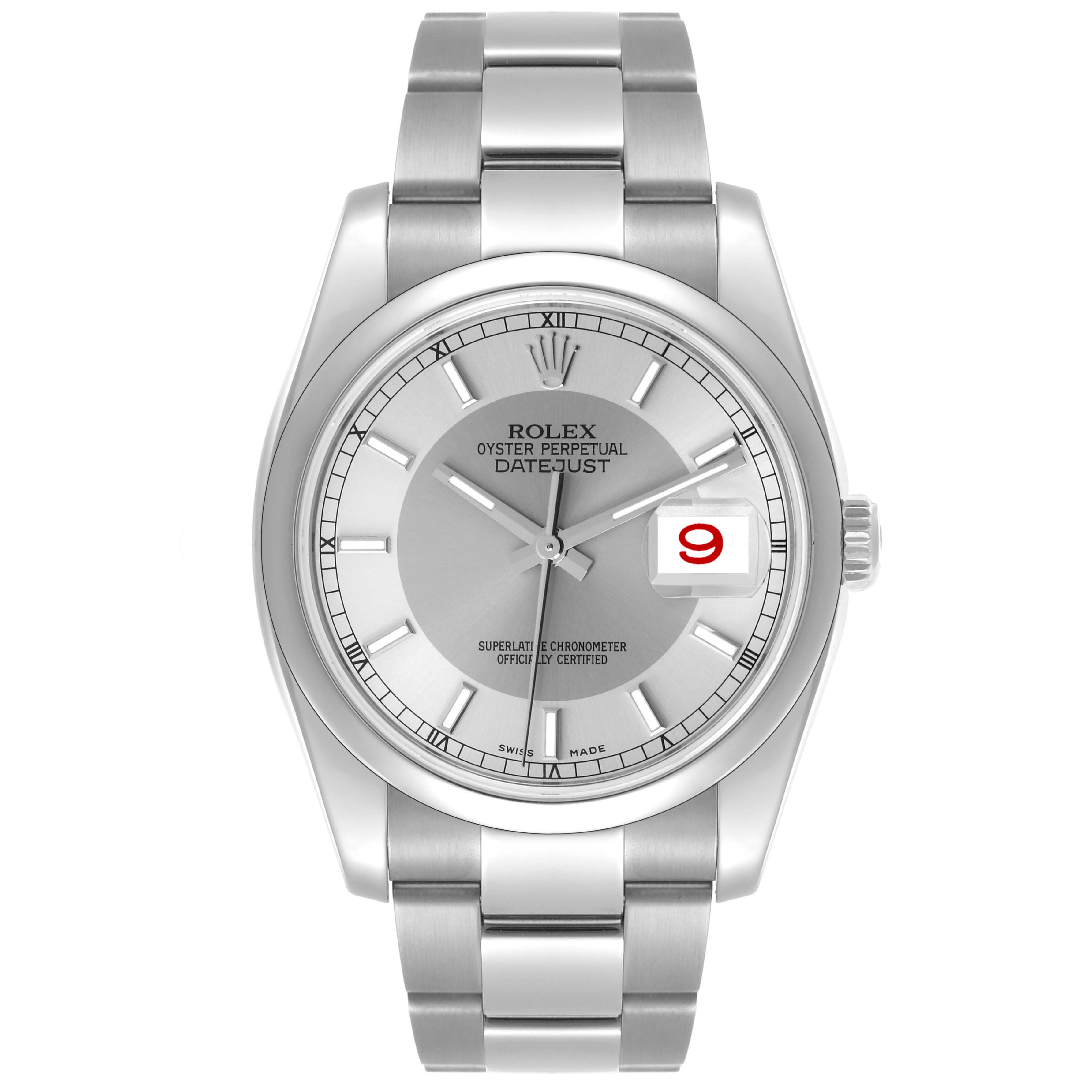 The Rolex Datejust 116200 Men's Stainless Steel Silver Dial 116200 Men's Stainless Steel Silver Dial is shown from a front angle, displaying the dial, bezel, and bracelet.