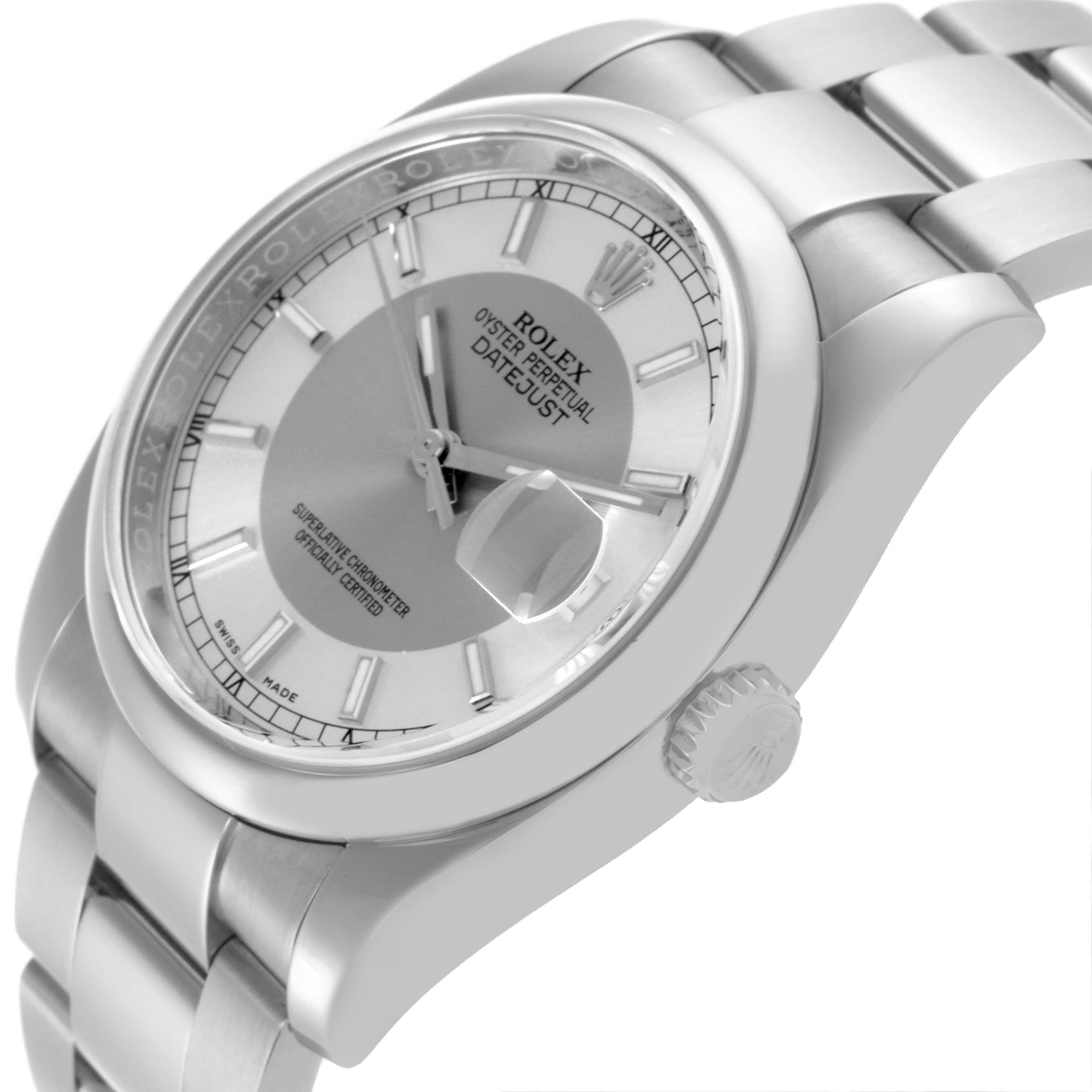 The image shows a Rolex Datejust 116200 Men's Stainless Steel Silver Dial 116200 Men's Stainless Steel Silver Dial watch at a slight side angle highlighting the dial, bezel, crown, and part of the bracelet.