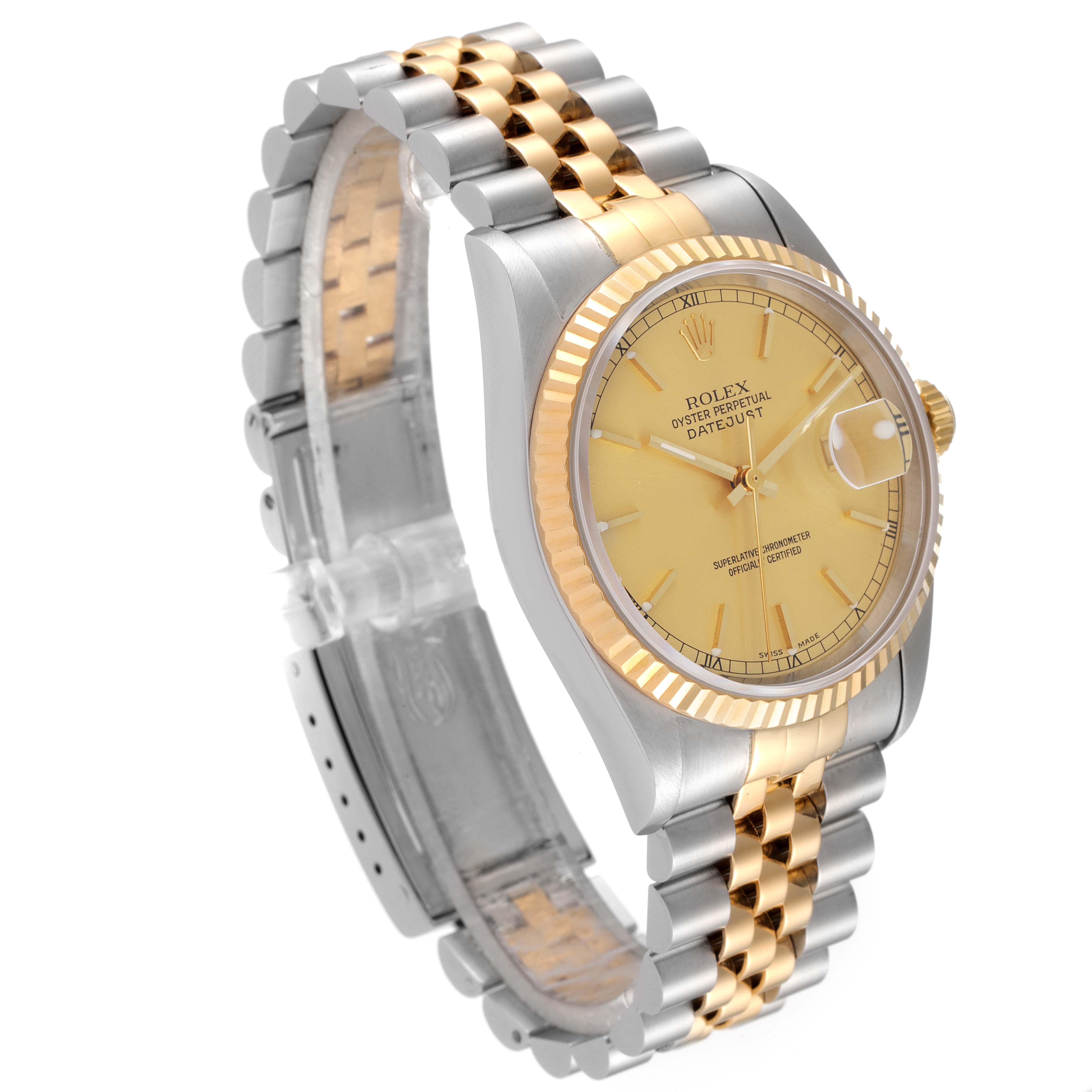 This Rolex Datejust 16233 Men's Steel and Gold (two tone) Champagne Dial 16233 Men's Steel and Gold (two tone) Champagne Dial watch is shown at a three-quarter angle, highlighting its face, bezel, and two-tone jubilee bracelet.
