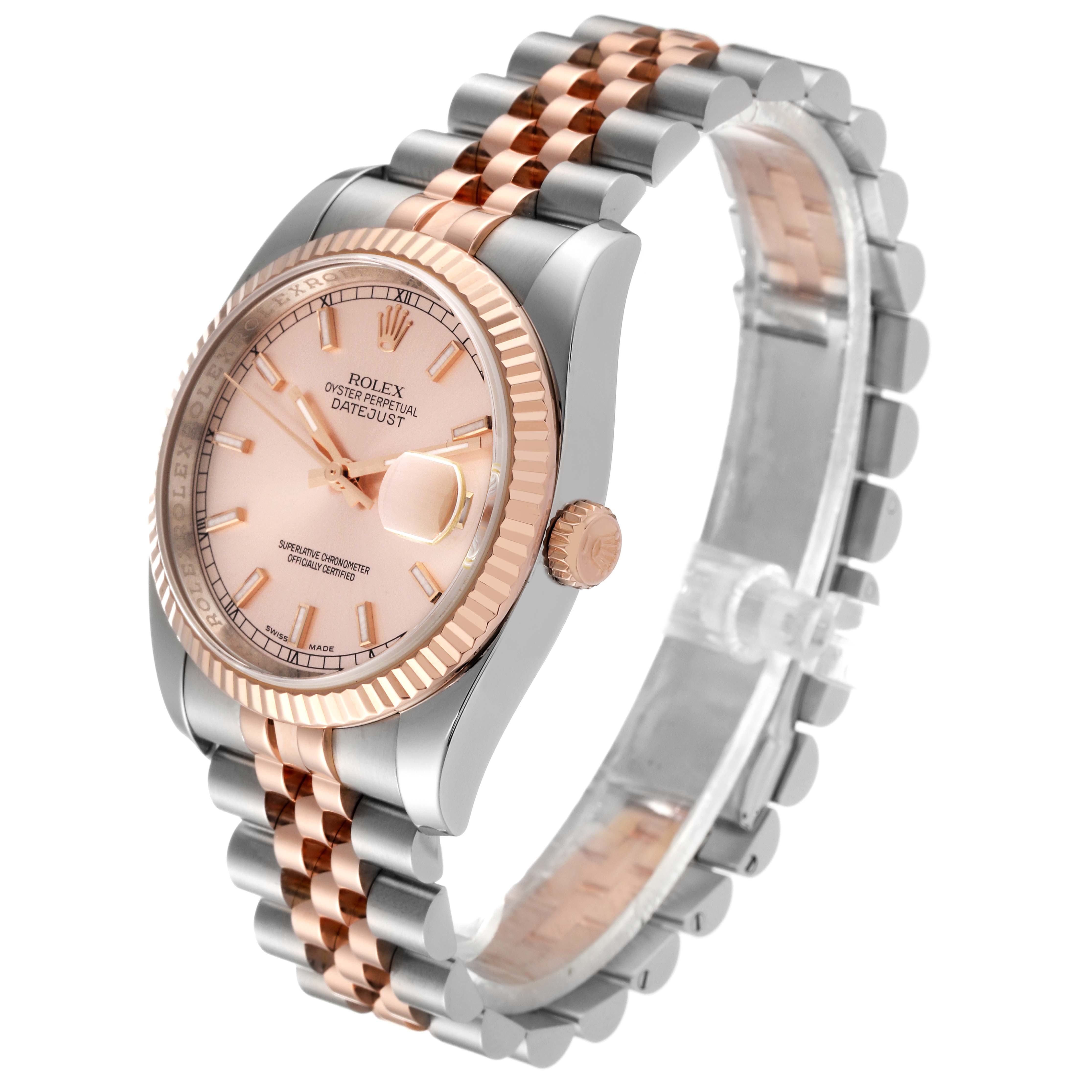 The image shows a side angle view of a Rolex Datejust 116231G Men's Steel and Gold (two tone) Pink Dial 116231G Men's Steel and Gold (two tone) Pink Dial watch, highlighting its rose gold and silver bracelet, and dial.