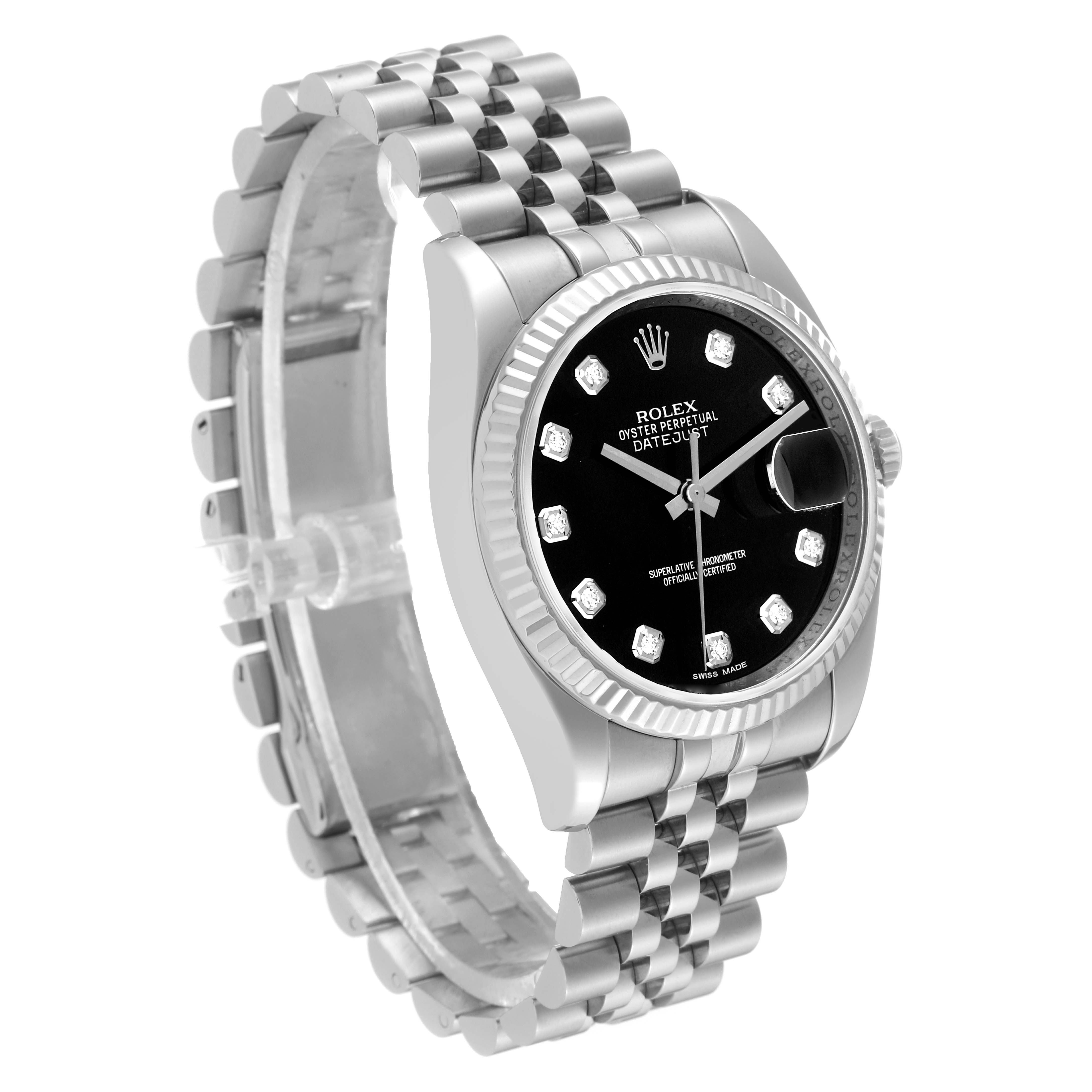 The image shows a Rolex Datejust 116234 Men's Stainless Steel Black Dial 116234 Men's Stainless Steel Black Dial watch at a three-quarter angle, highlighting its face, bracelet, and bezel.