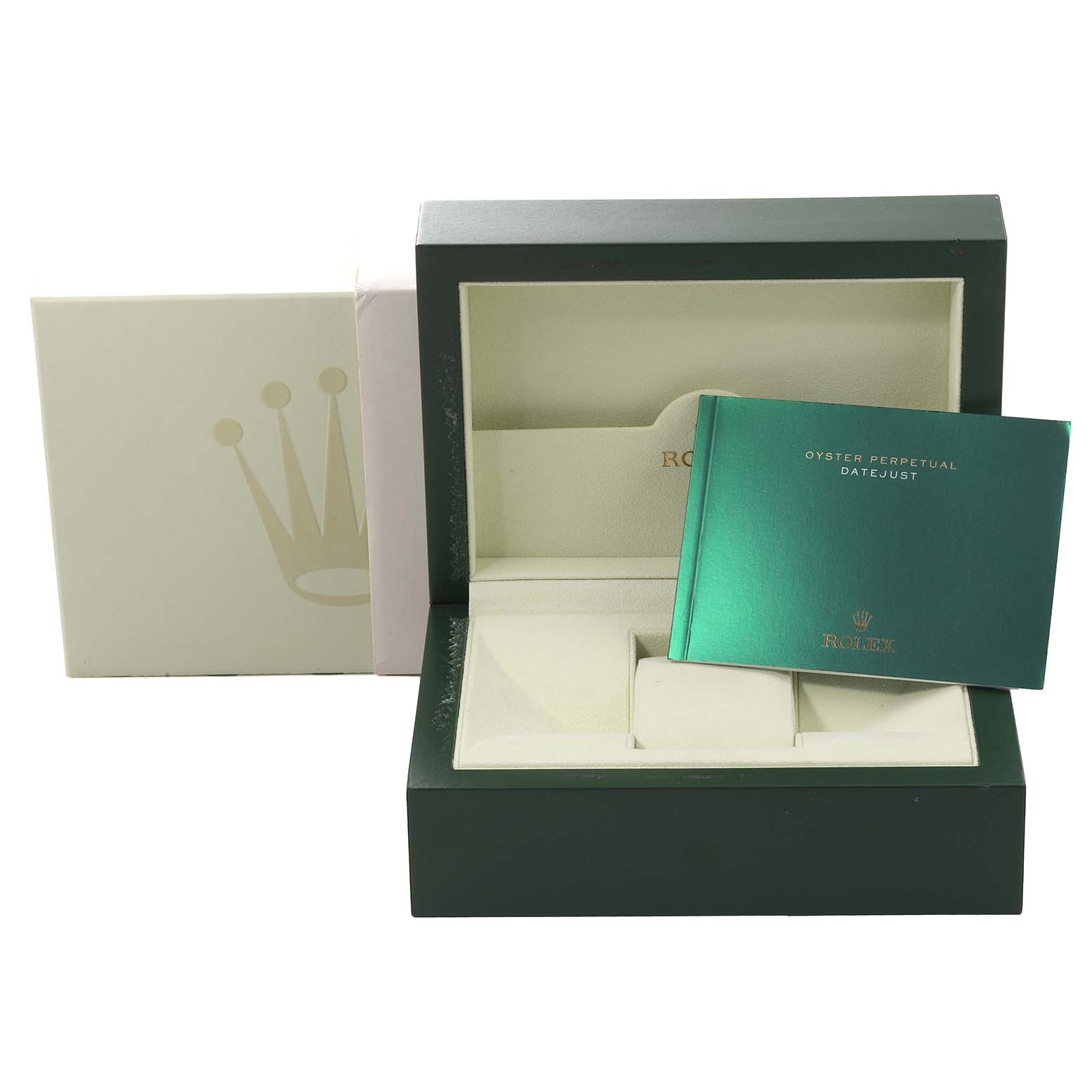 The image shows the packaging, inner box, and documentation of a Rolex Datejust 116234 Men's Stainless Steel Black Dial 116234 Men's Stainless Steel Black Dial watch.