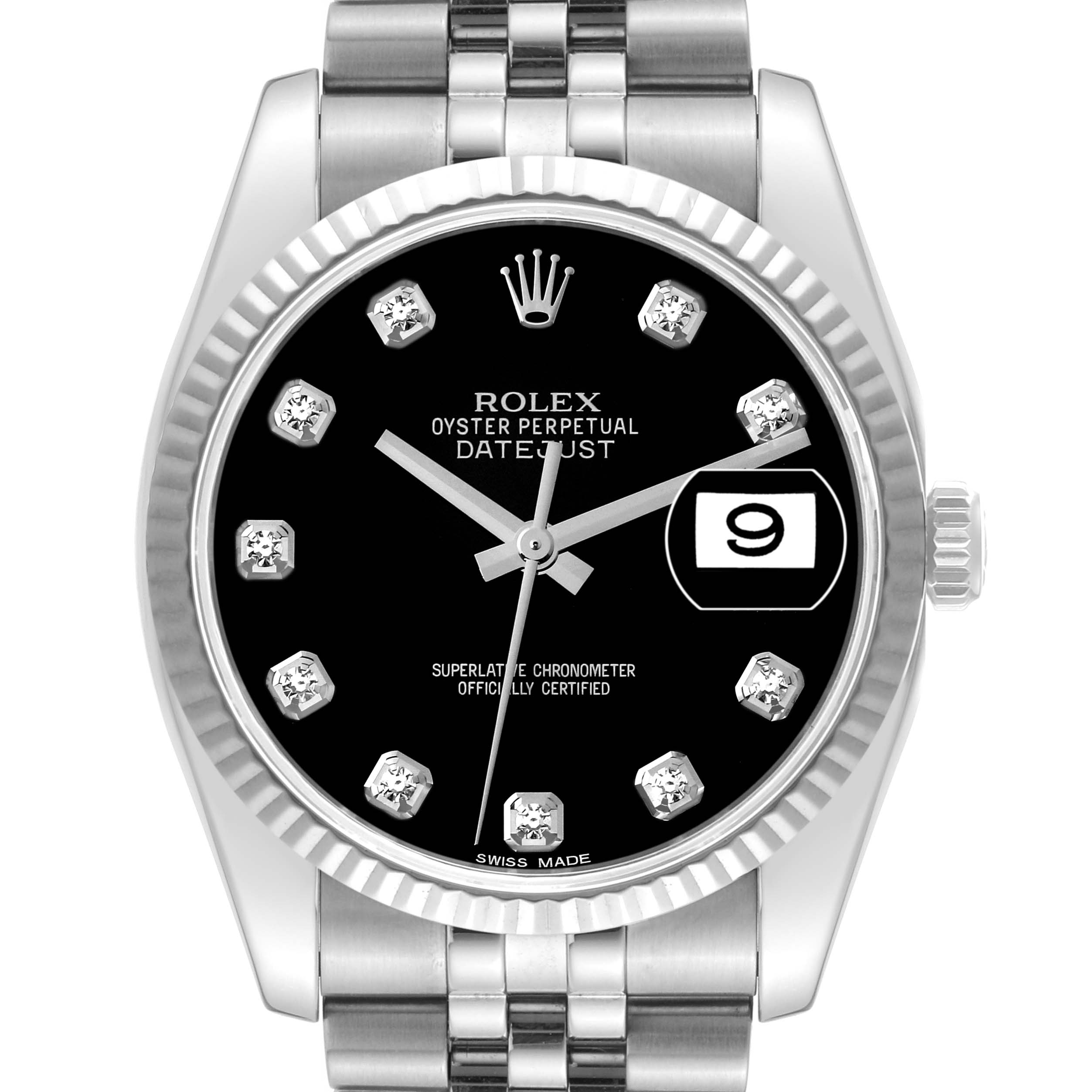 This image shows a frontal view of a Rolex Datejust 116234 Men's Stainless Steel Black Dial 116234 Men's Stainless Steel Black Dial watch, highlighting its black dial and date window at 3 o'clock.