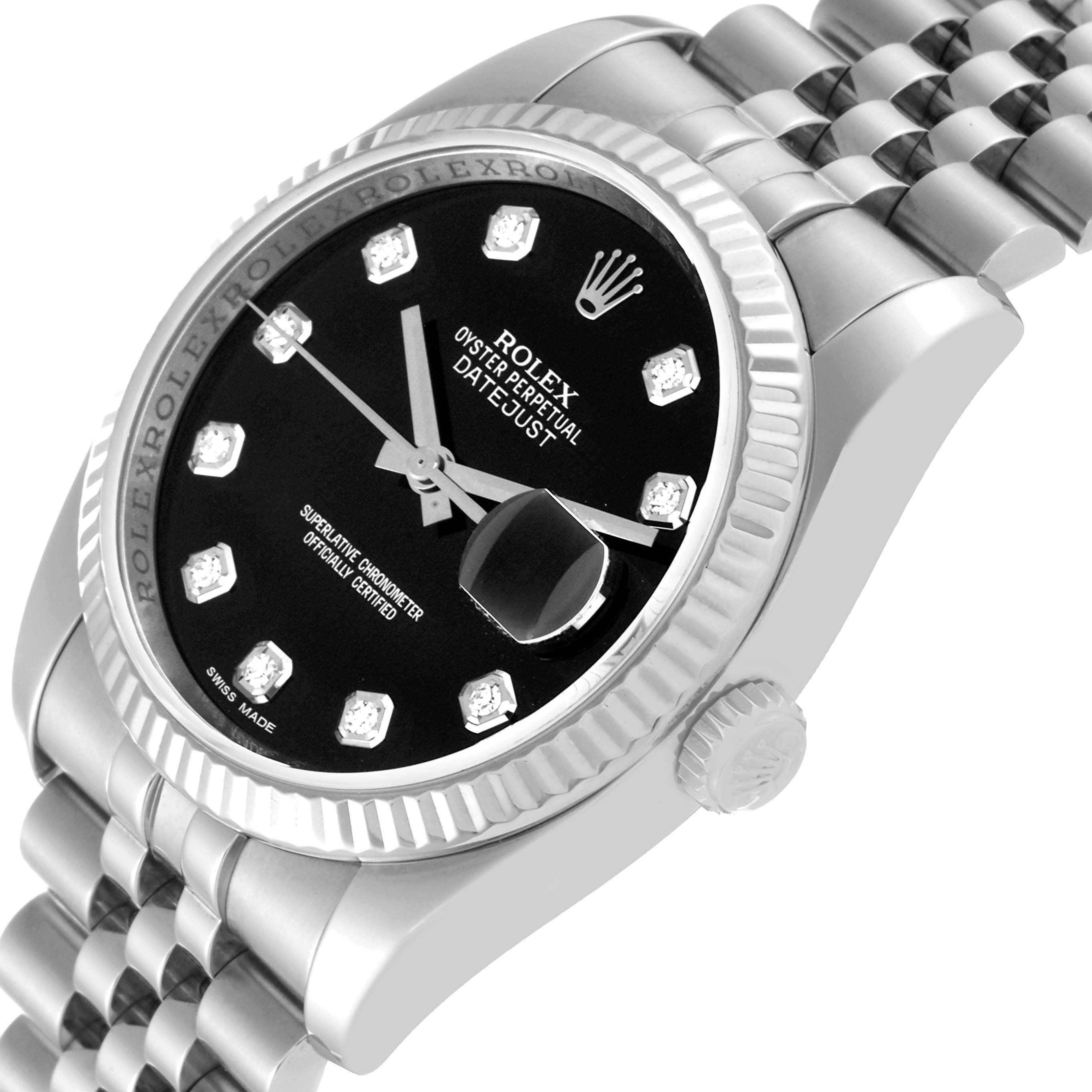 The image shows a close-up, angled view of the Rolex Datejust 116234 Men's Stainless Steel Black Dial 116234 Men's Stainless Steel Black Dial watch, focusing on the face, bezel, crown, and part of the bracelet.
