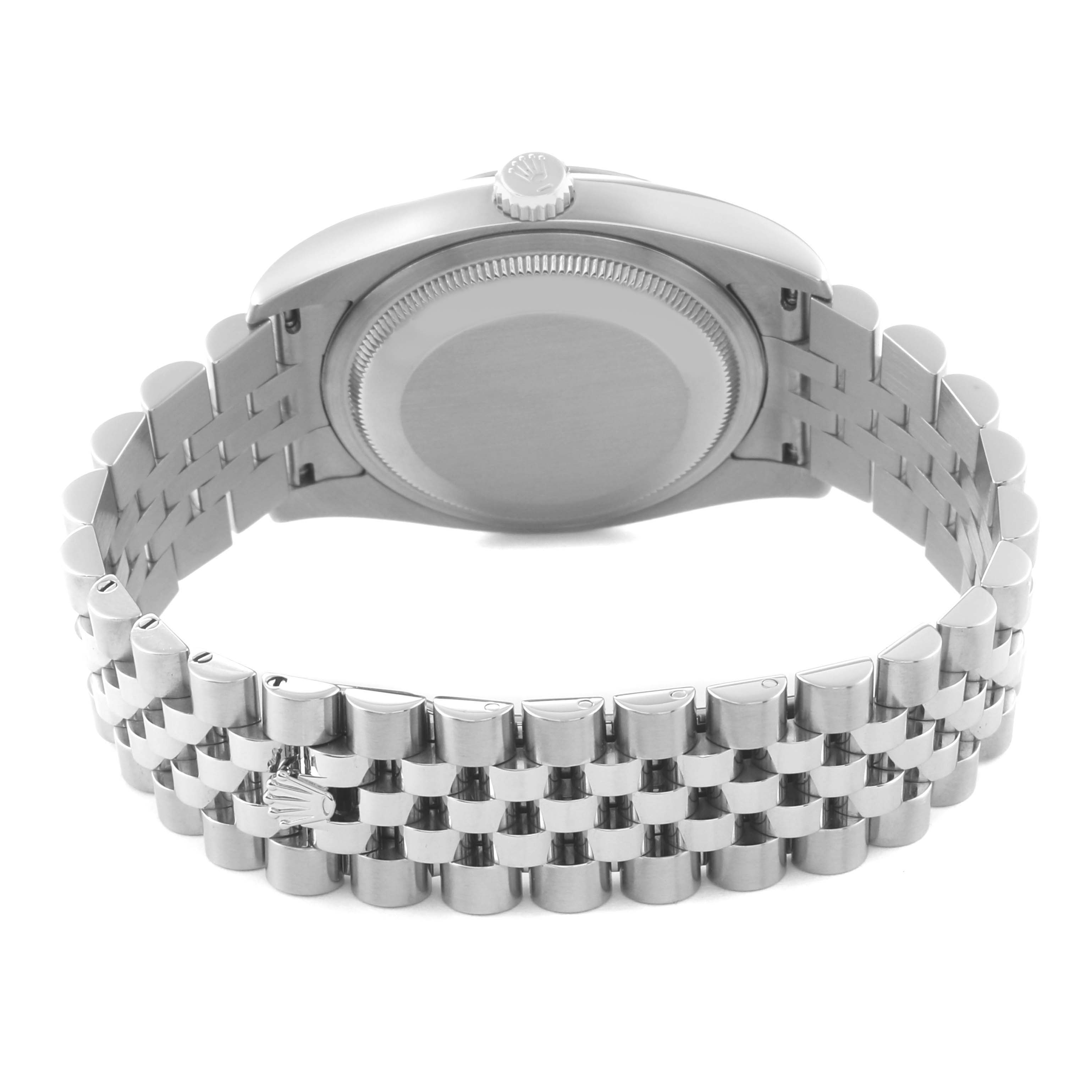 The image shows the case back and bracelet of a Rolex Datejust 116234 Men's Stainless Steel Black Dial 116234 Men's Stainless Steel Black Dial watch from a rear view angle.