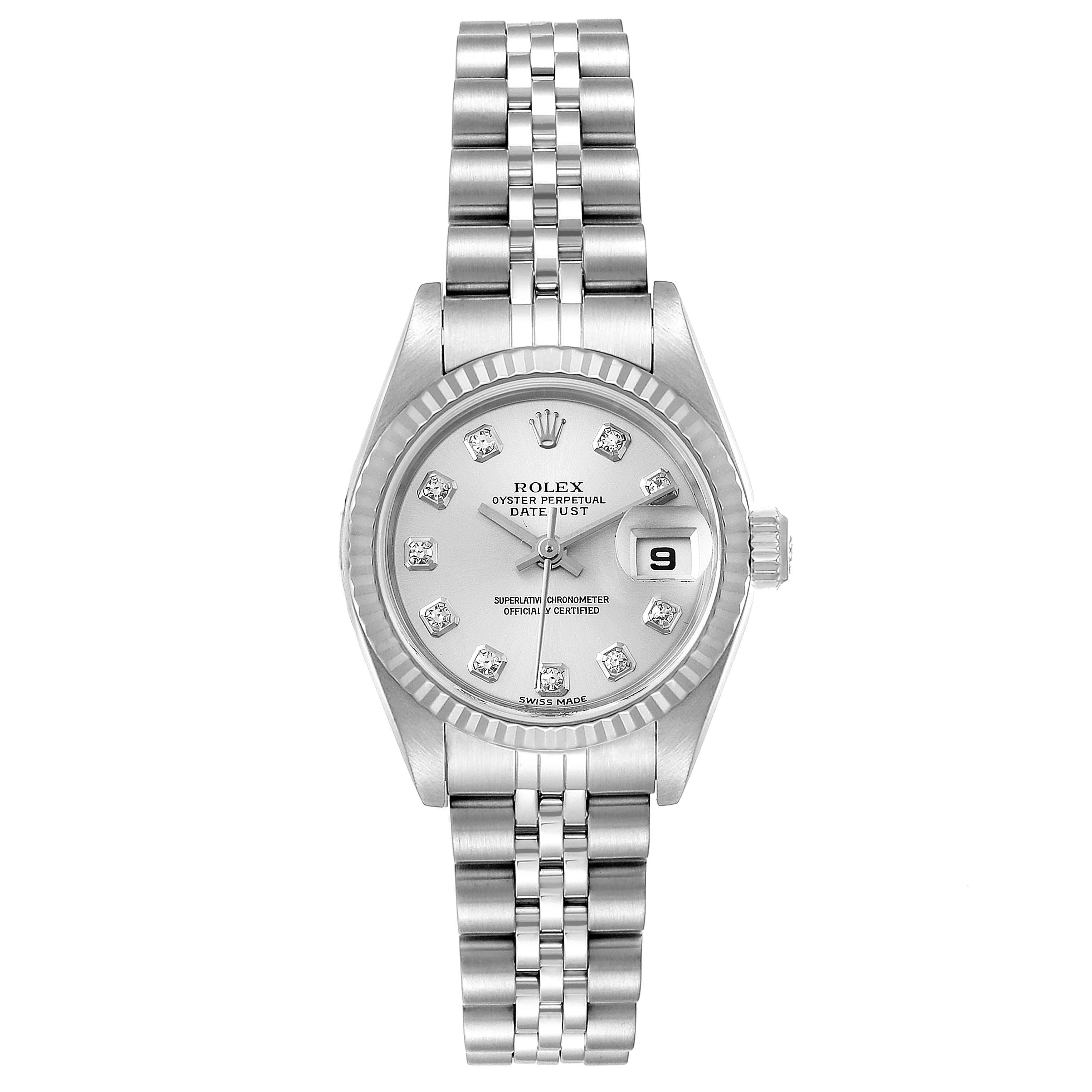 This Rolex Datejust 79174 Women's Stainless Steel Silver Dial 79174 Women's Stainless Steel Silver Dial watch is shown from a top-down angle, displaying its dial, bezel, crown, and bracelet.