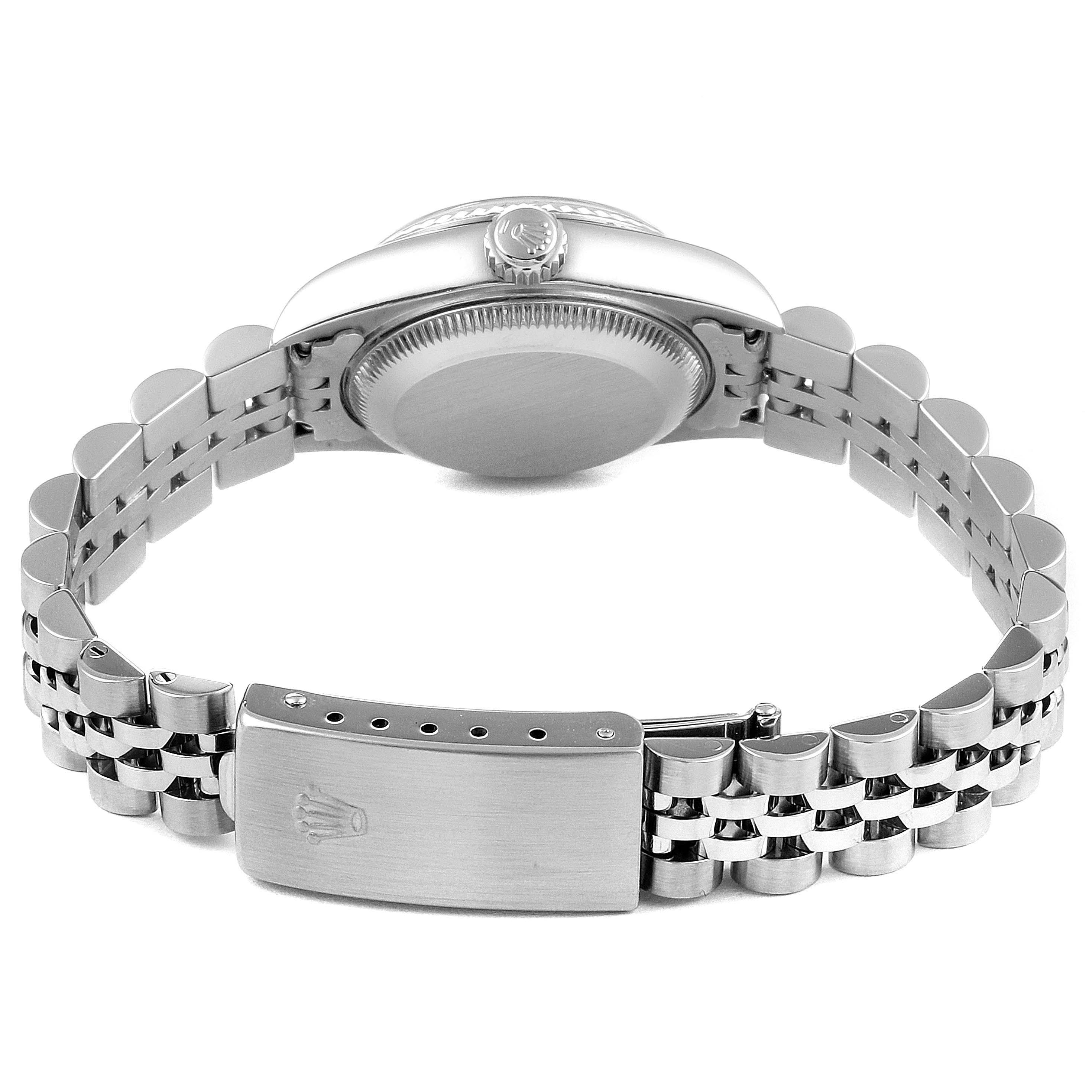 The image shows the back case and bracelet clasp of a Rolex Datejust 79174 Women's Stainless Steel Silver Dial 79174 Women's Stainless Steel Silver Dial model watch.