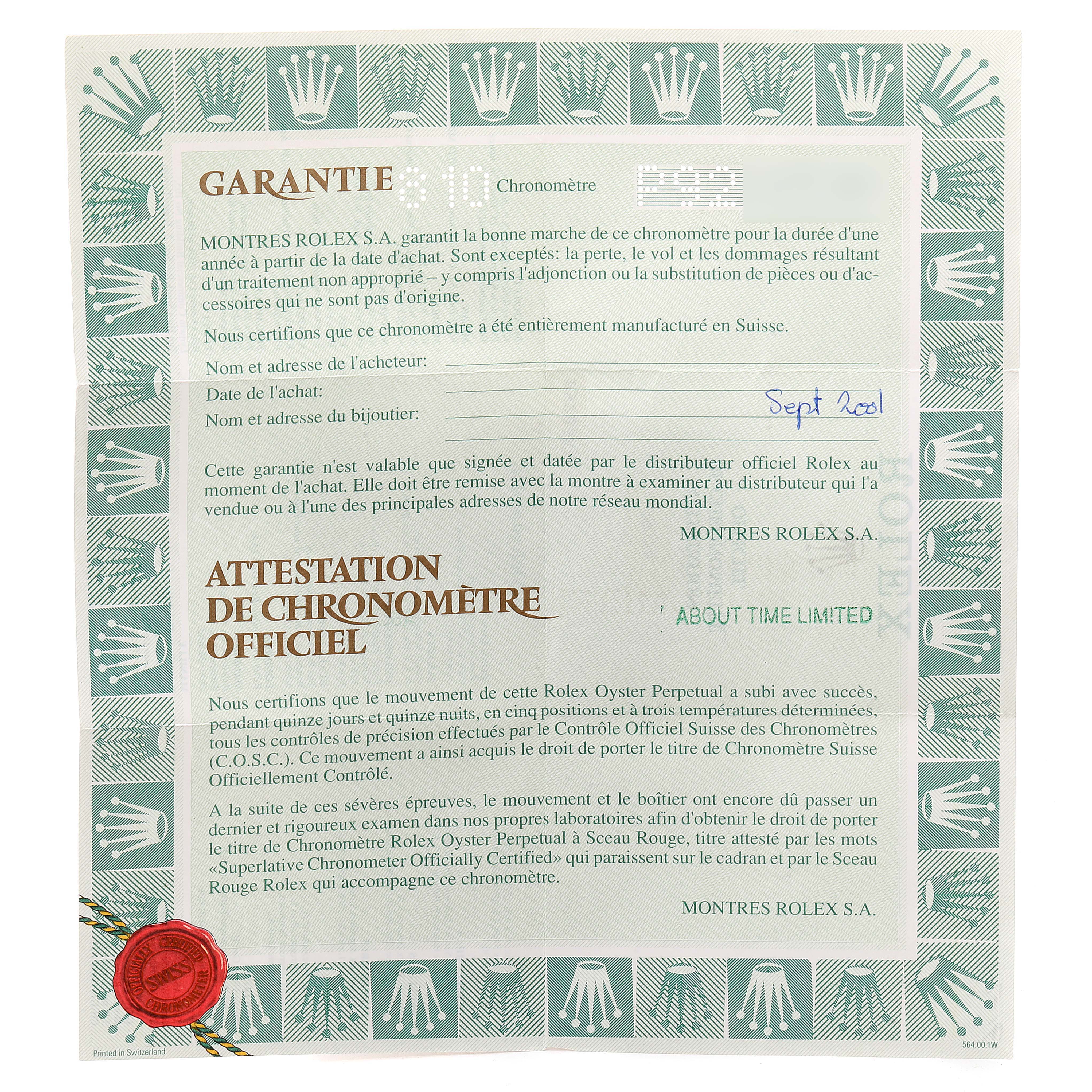 This image shows the warranty document for a Rolex Datejust 79174 Women's Stainless Steel Silver Dial 79174 Women's Stainless Steel Silver Dial watch.