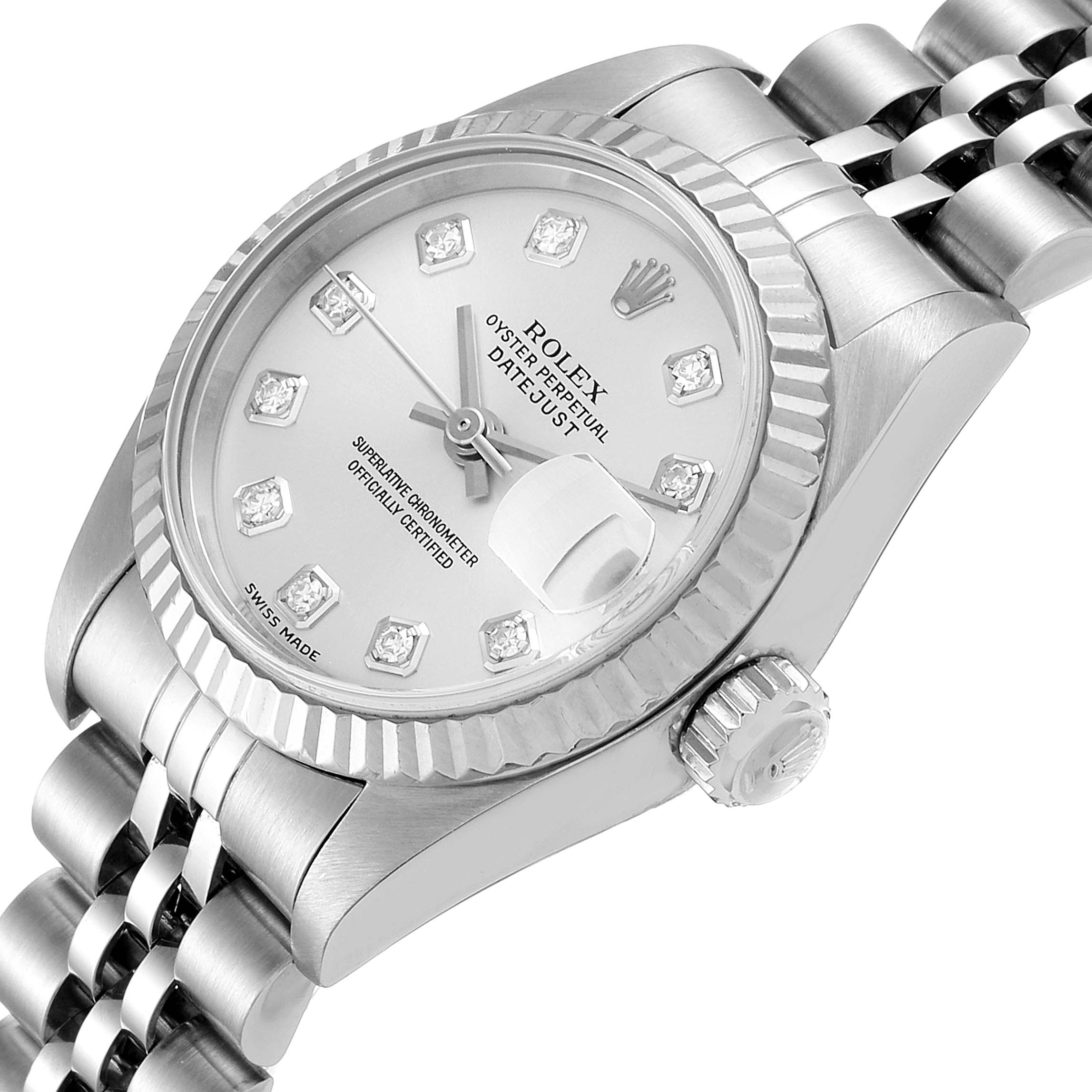 The image shows a close-up view of a Rolex Datejust 79174 Women's Stainless Steel Silver Dial 79174 Women's Stainless Steel Silver Dial watch's face, bezel, and bracelet.