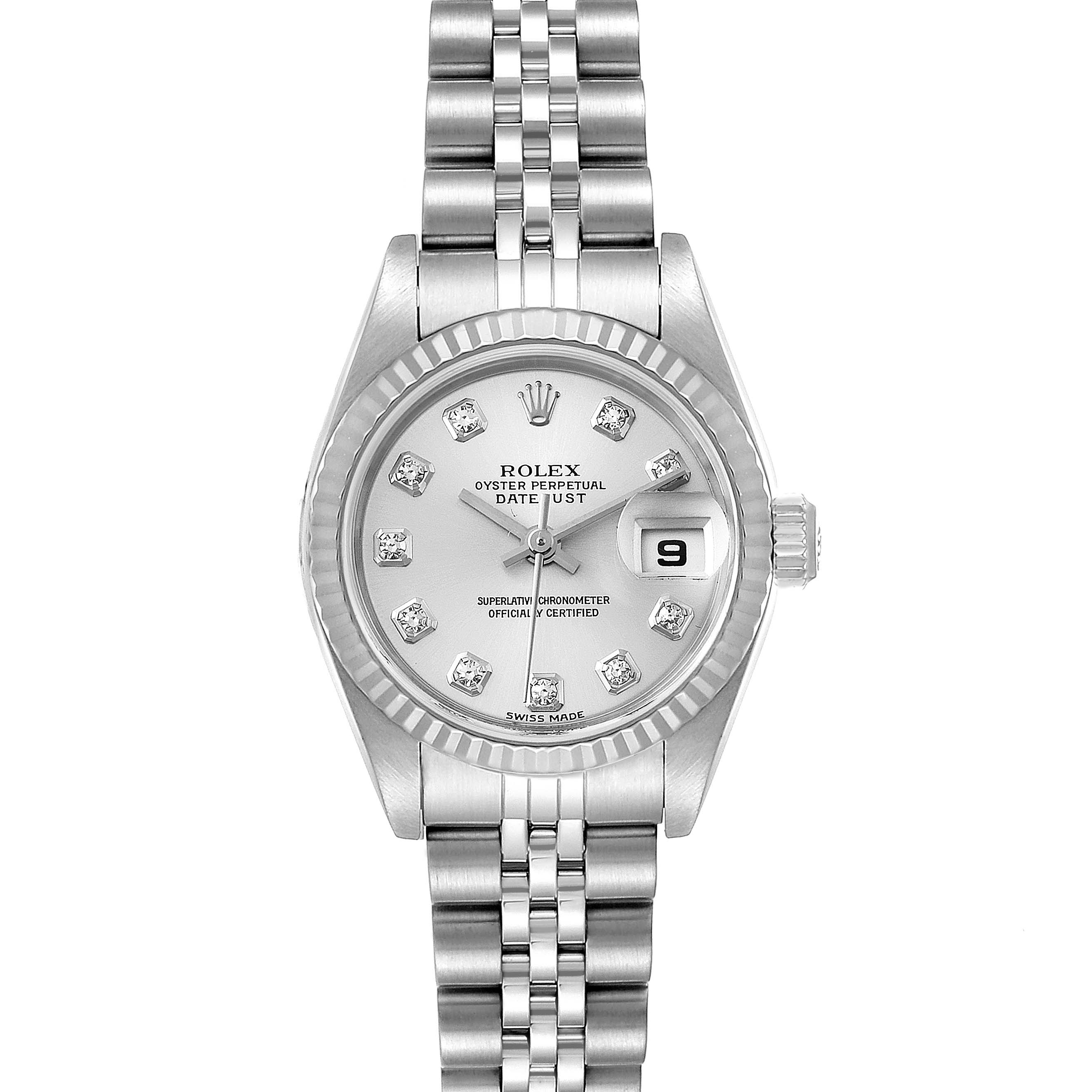 This image shows a frontal view of a Rolex Datejust 79174 Women's Stainless Steel Silver Dial 79174 Women's Stainless Steel Silver Dial watch, displaying the face, bezel, and part of the bracelet.