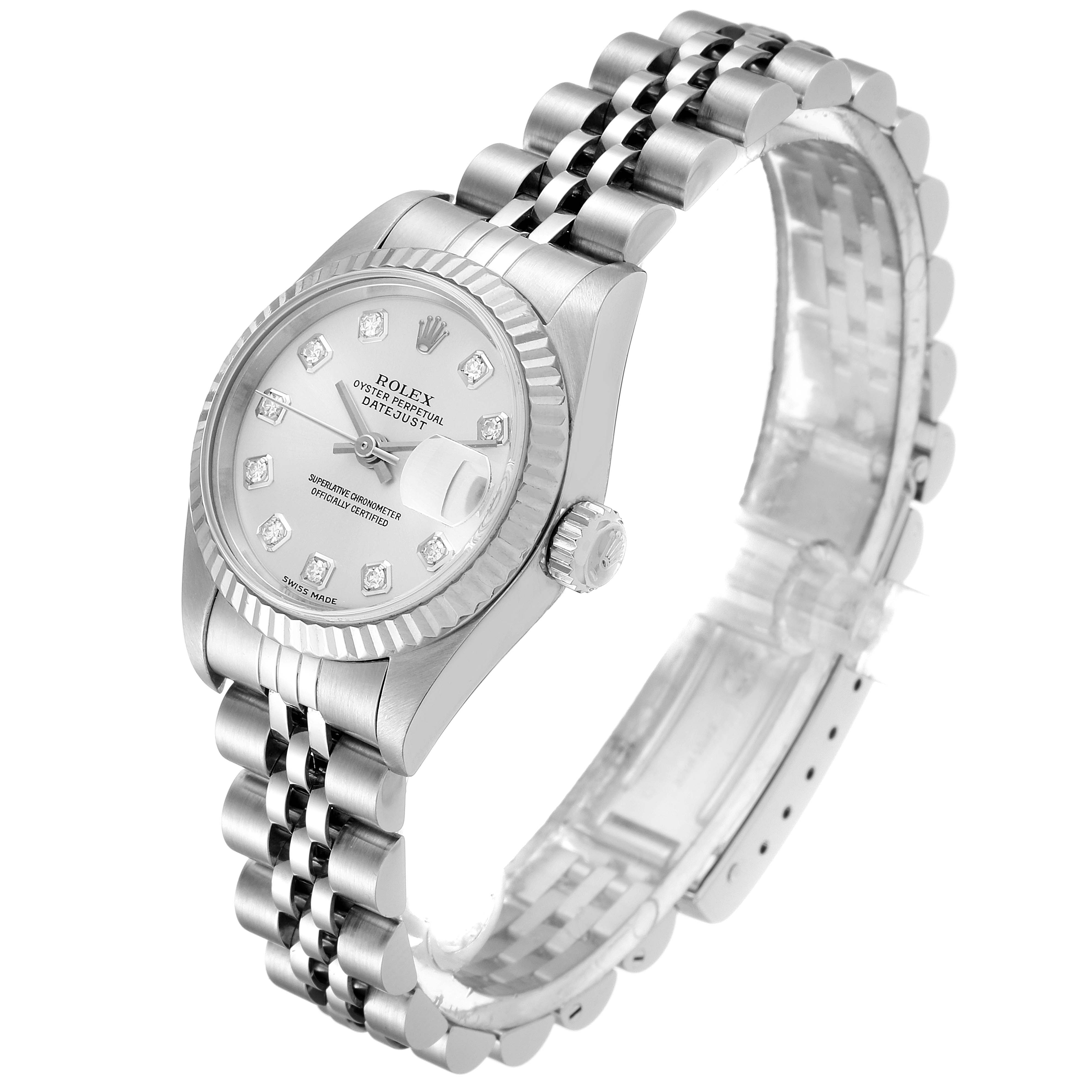 The Rolex Datejust 79174 Women's Stainless Steel Silver Dial 79174 Women's Stainless Steel Silver Dial watch is shown at an angle, featuring its face, bezel, crown, and Jubilee bracelet.