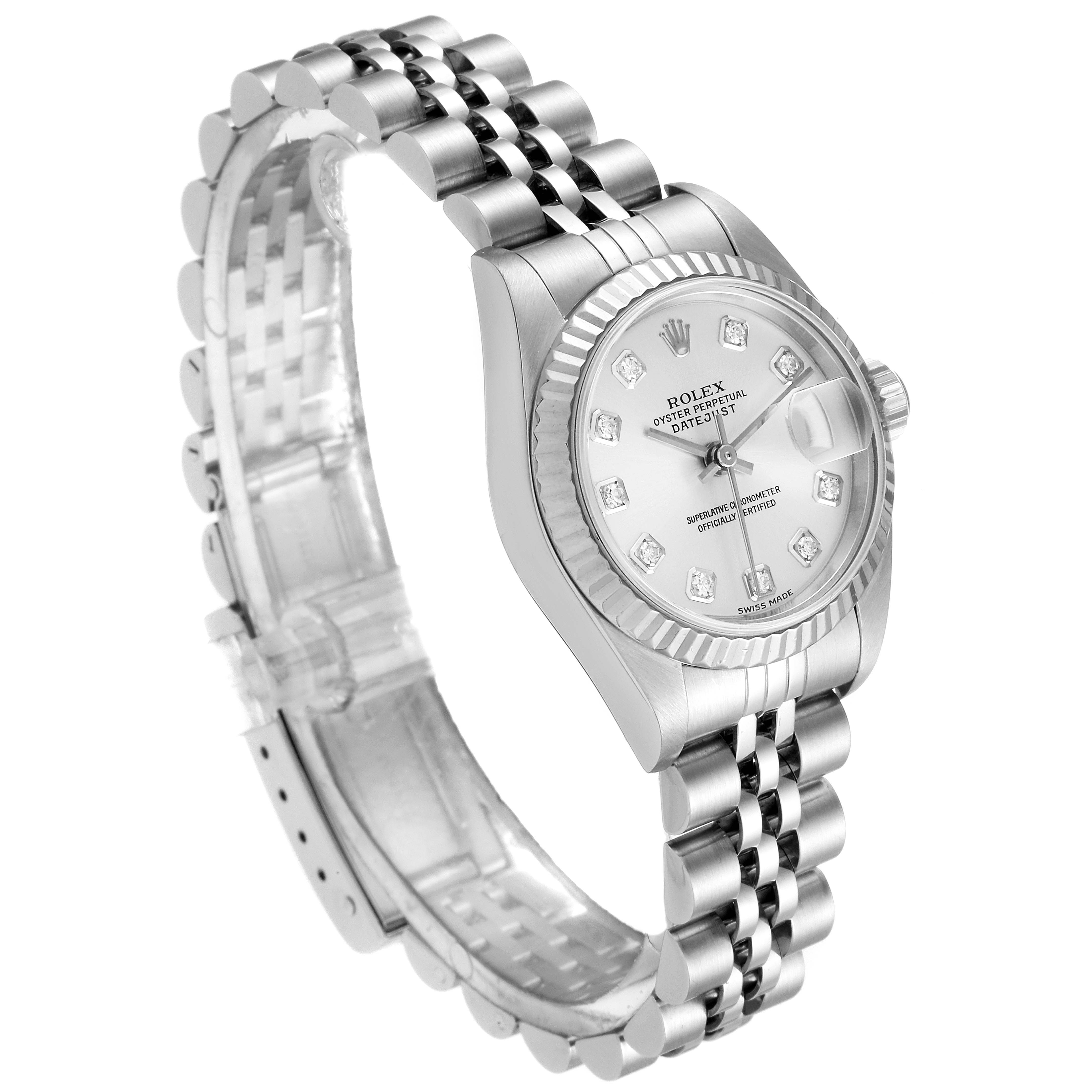The image shows a Rolex Datejust 79174 Women's Stainless Steel Silver Dial 79174 Women's Stainless Steel Silver Dial watch at an angled view, highlighting the dial, bezel, and bracelet.