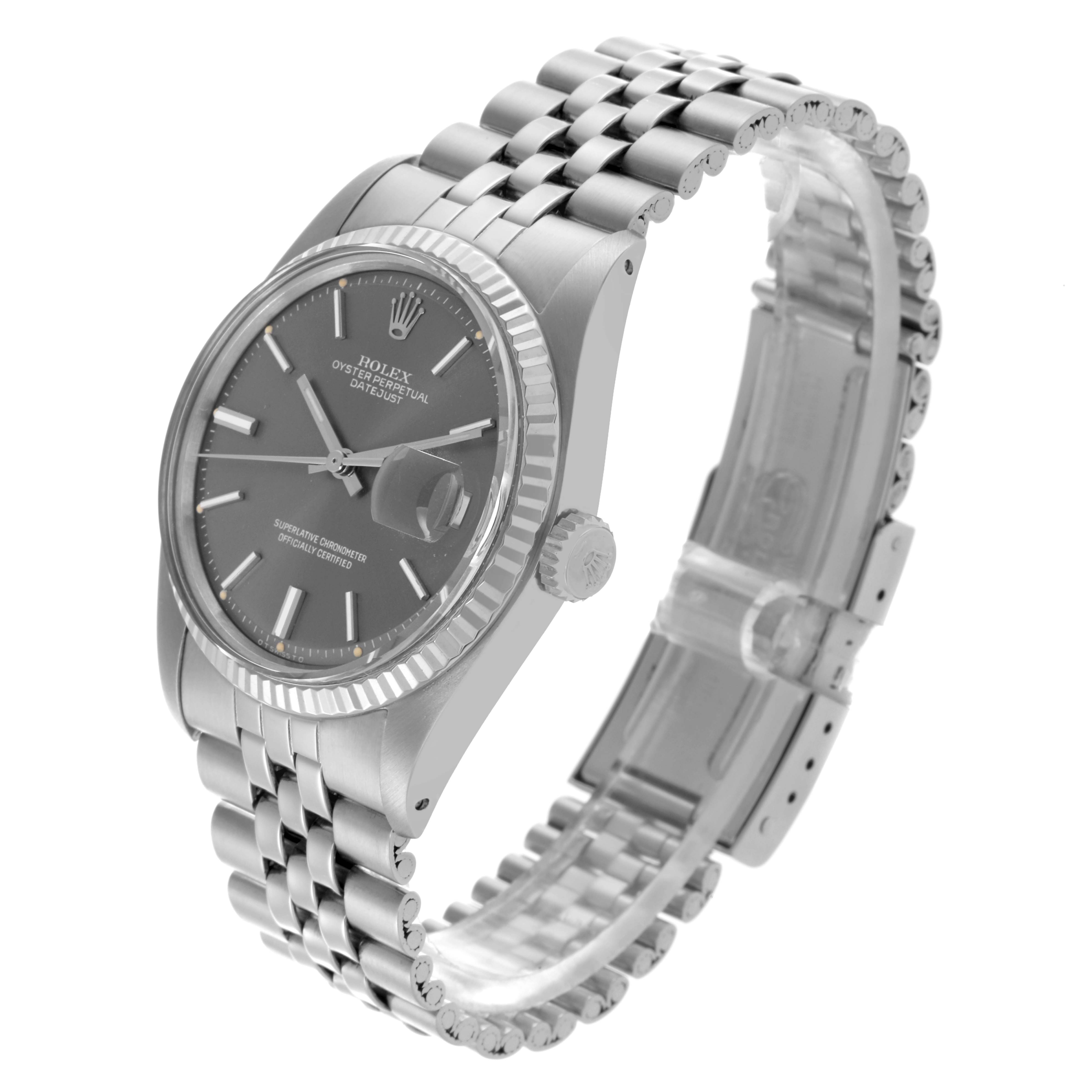 The Rolex Datejust 1601 Men's Stainless Steel Grey Dial 1601 Men's Stainless Steel Grey Dial watch is shown at an angled side view, highlighting the face, fluted bezel, and Jubilee bracelet.