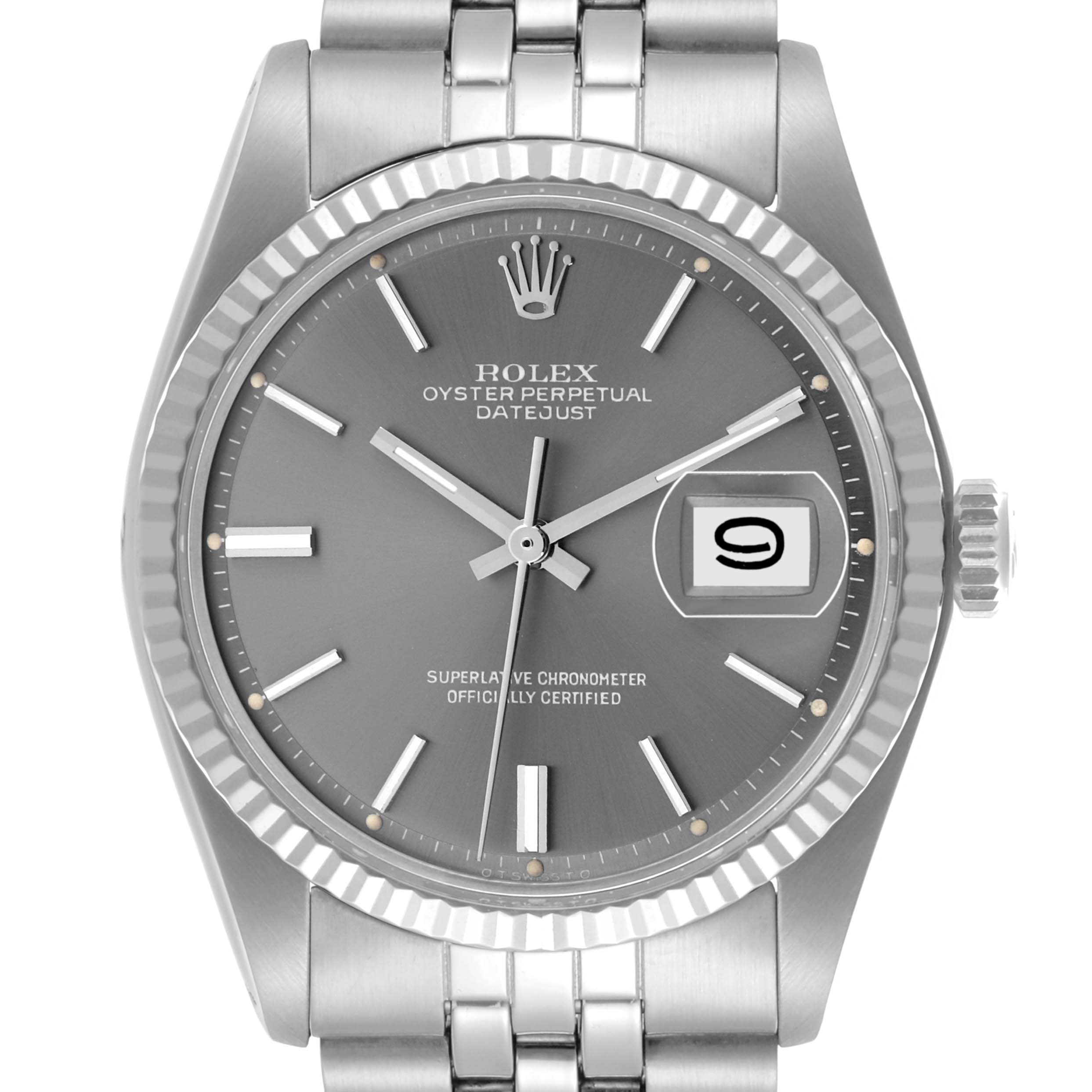 The Rolex Datejust 1601 Men's Stainless Steel Grey Dial 1601 Men's Stainless Steel Grey Dial watch is shown from the front, displaying the dial, bezel, and part of the bracelet.