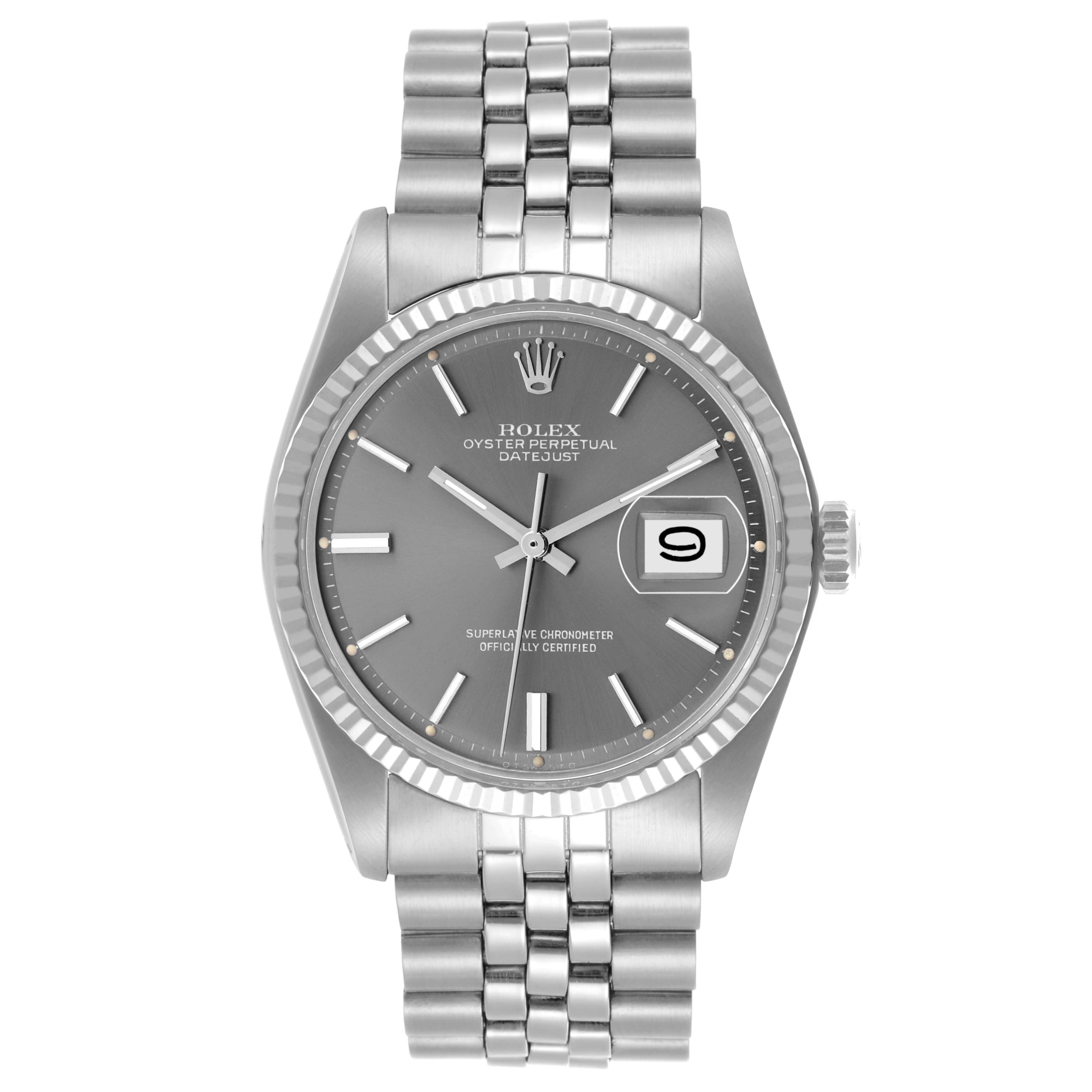 The Rolex Datejust 1601 Men's Stainless Steel Grey Dial 1601 Men's Stainless Steel Grey Dial watch is shown from a front angle, featuring its dial, bezel, bracelet, and crown.