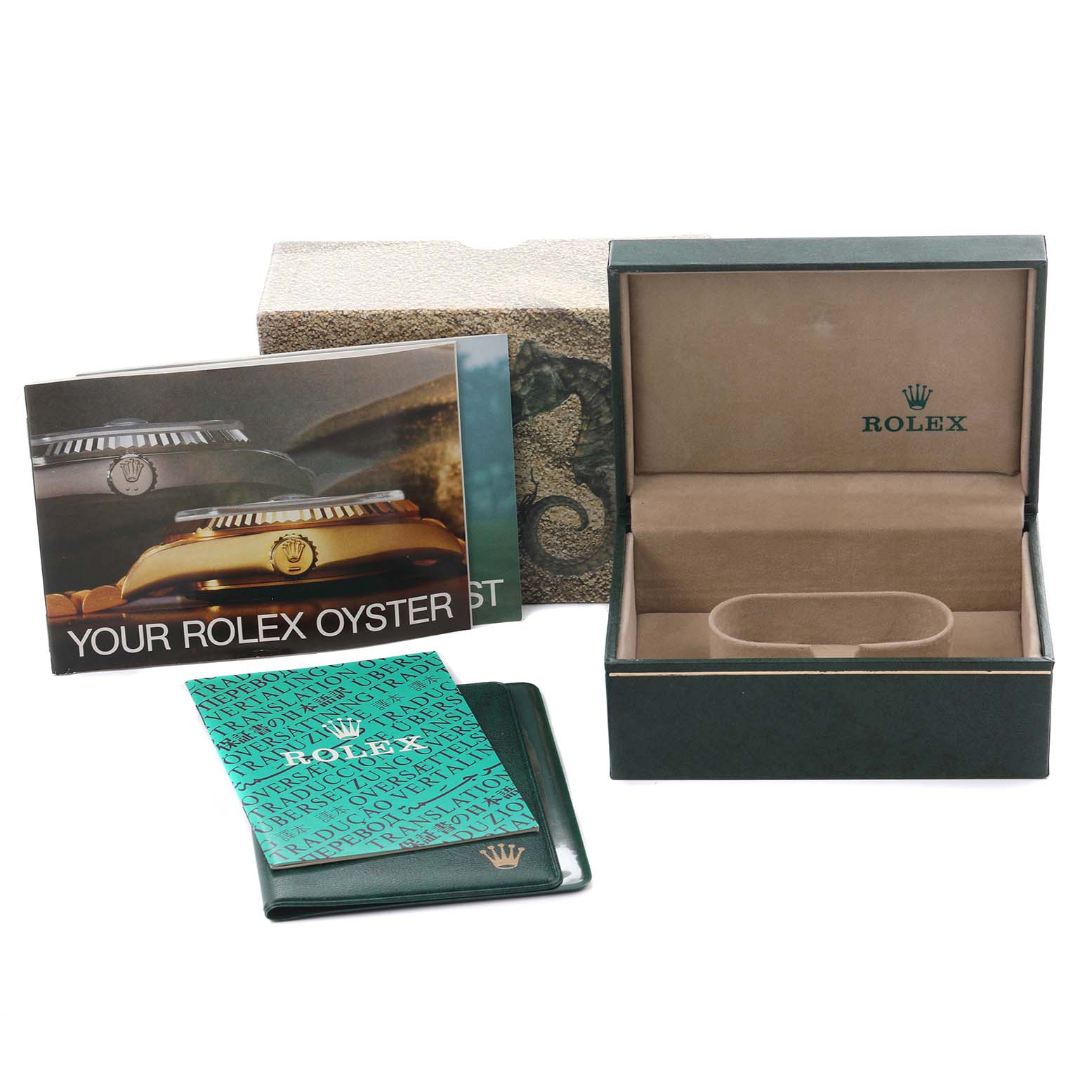 The image shows a Rolex Datejust 1601 Men's Stainless Steel Grey Dial 1601 Men's Stainless Steel Grey Dial box with a booklet, warranty card holder, and outer box from a frontal angle.