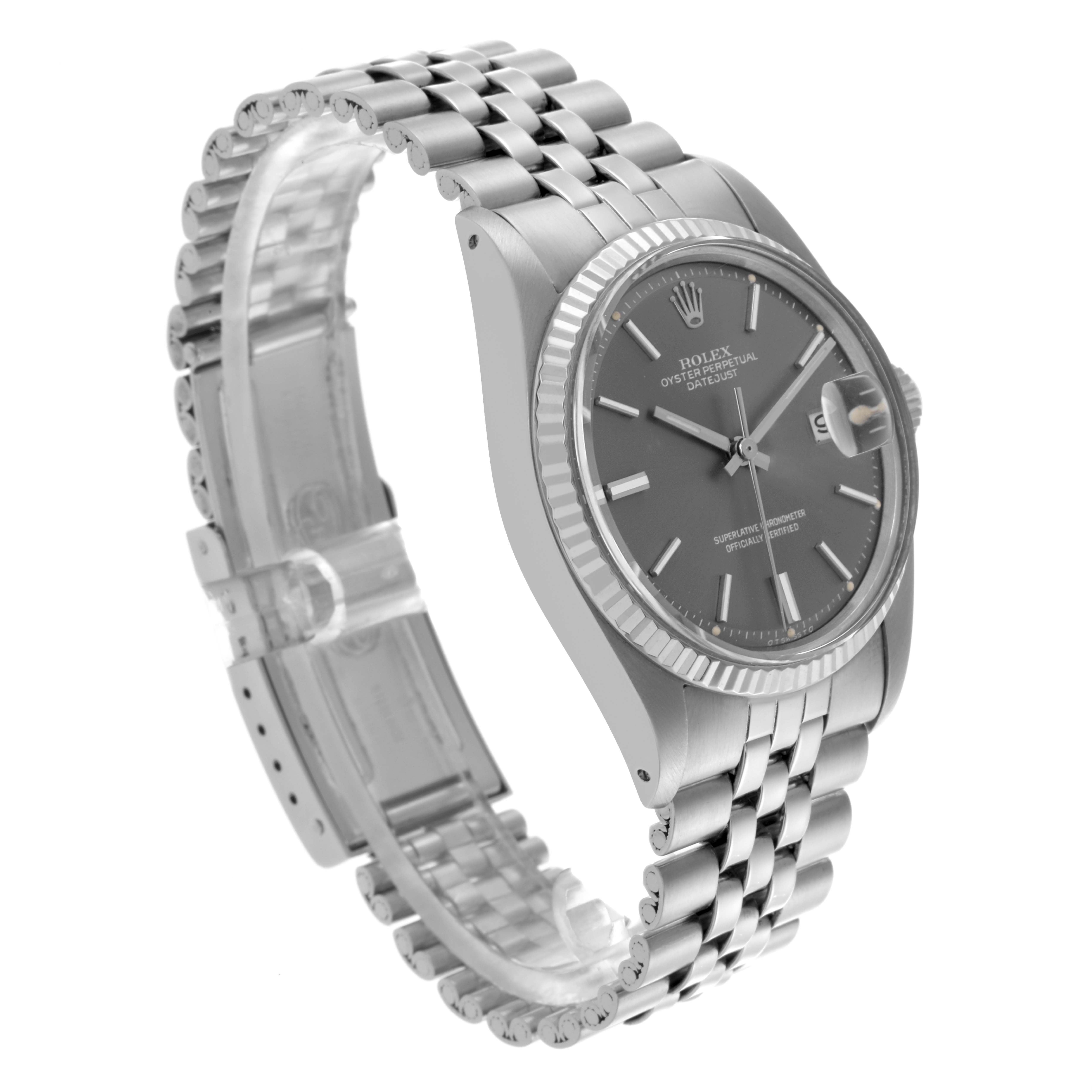 The Rolex Datejust 1601 Men's Stainless Steel Grey Dial 1601 Men's Stainless Steel Grey Dial watch is shown at a three-quarter angle, highlighting the face, bezel, and bracelet.
