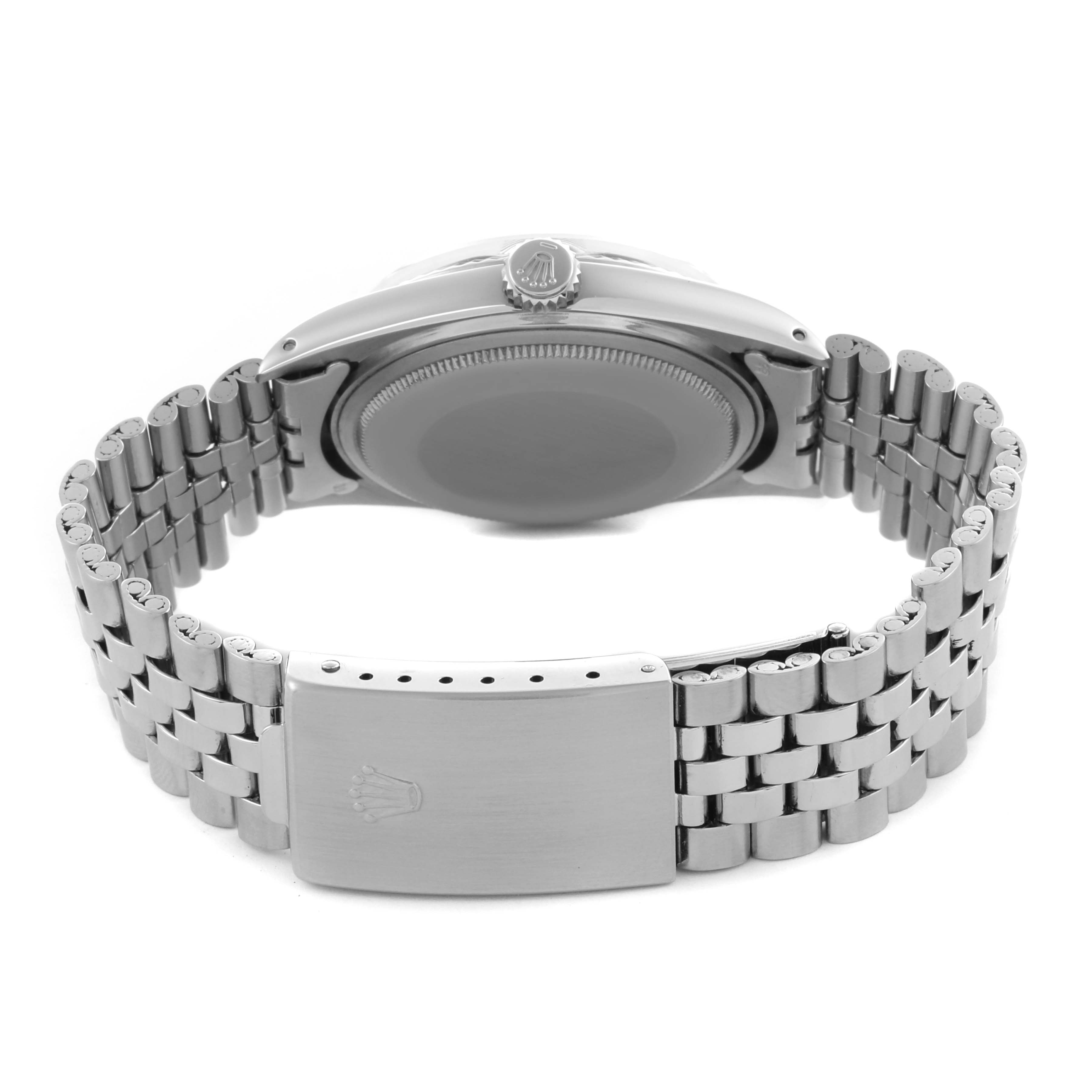 The Rolex Datejust 1601 Men's Stainless Steel Grey Dial 1601 Men's Stainless Steel Grey Dial is shown from the back, featuring the case, crown, and the Jubilee bracelet with a clasp.