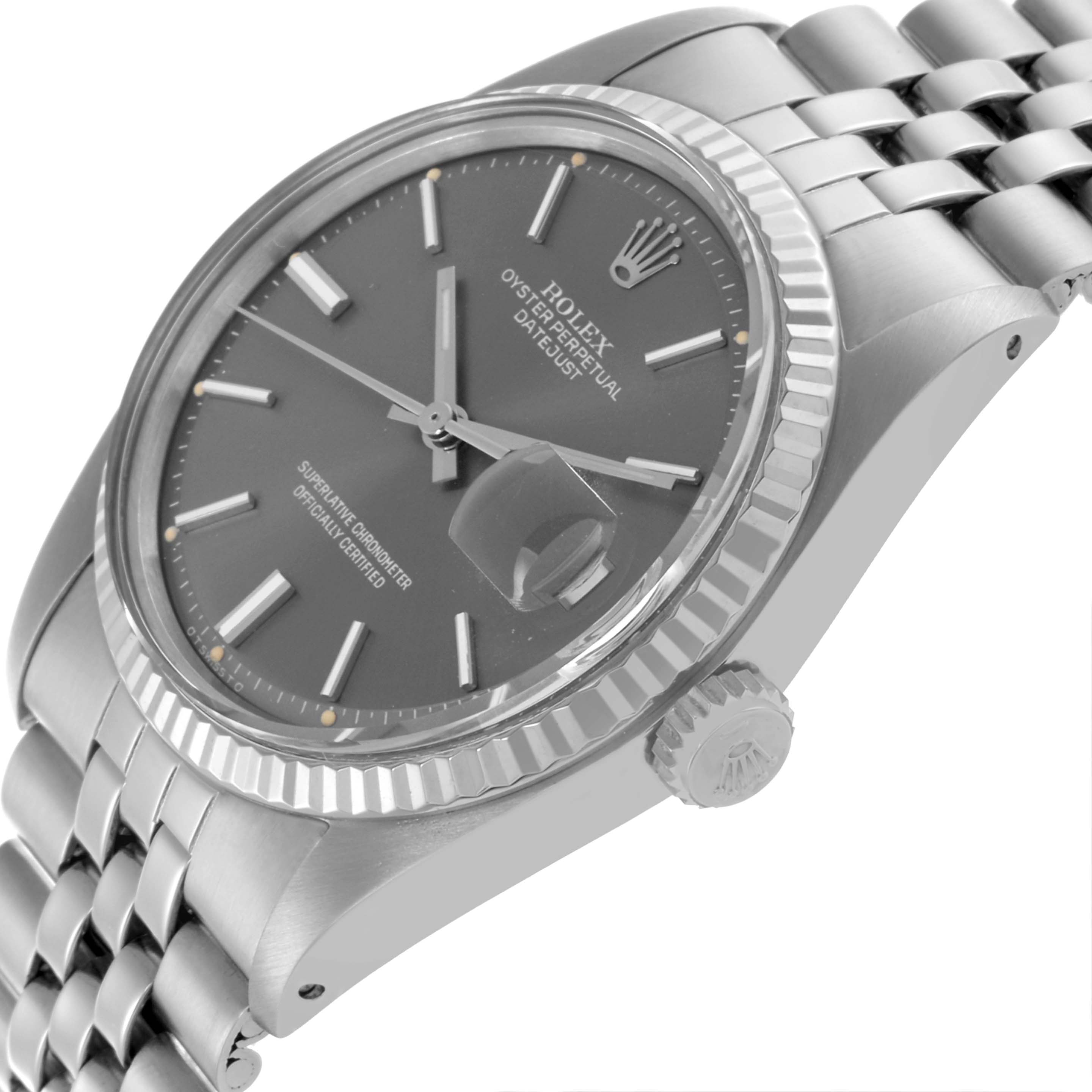 This Rolex Datejust 1601 Men's Stainless Steel Grey Dial 1601 Men's Stainless Steel Grey Dial watch is shown from a slightly angled side view, highlighting the bezel, dial, crown, and bracelet.
