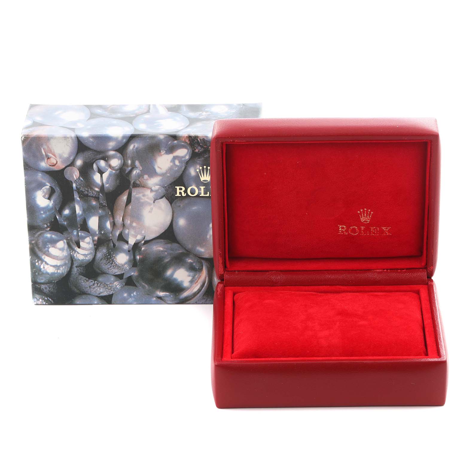 The image shows a Rolex Datejust 79174 Women's Stainless Steel Pink Dial 79174 Women's Stainless Steel Pink Dial box set including an open red watch box and a patterned outer box.