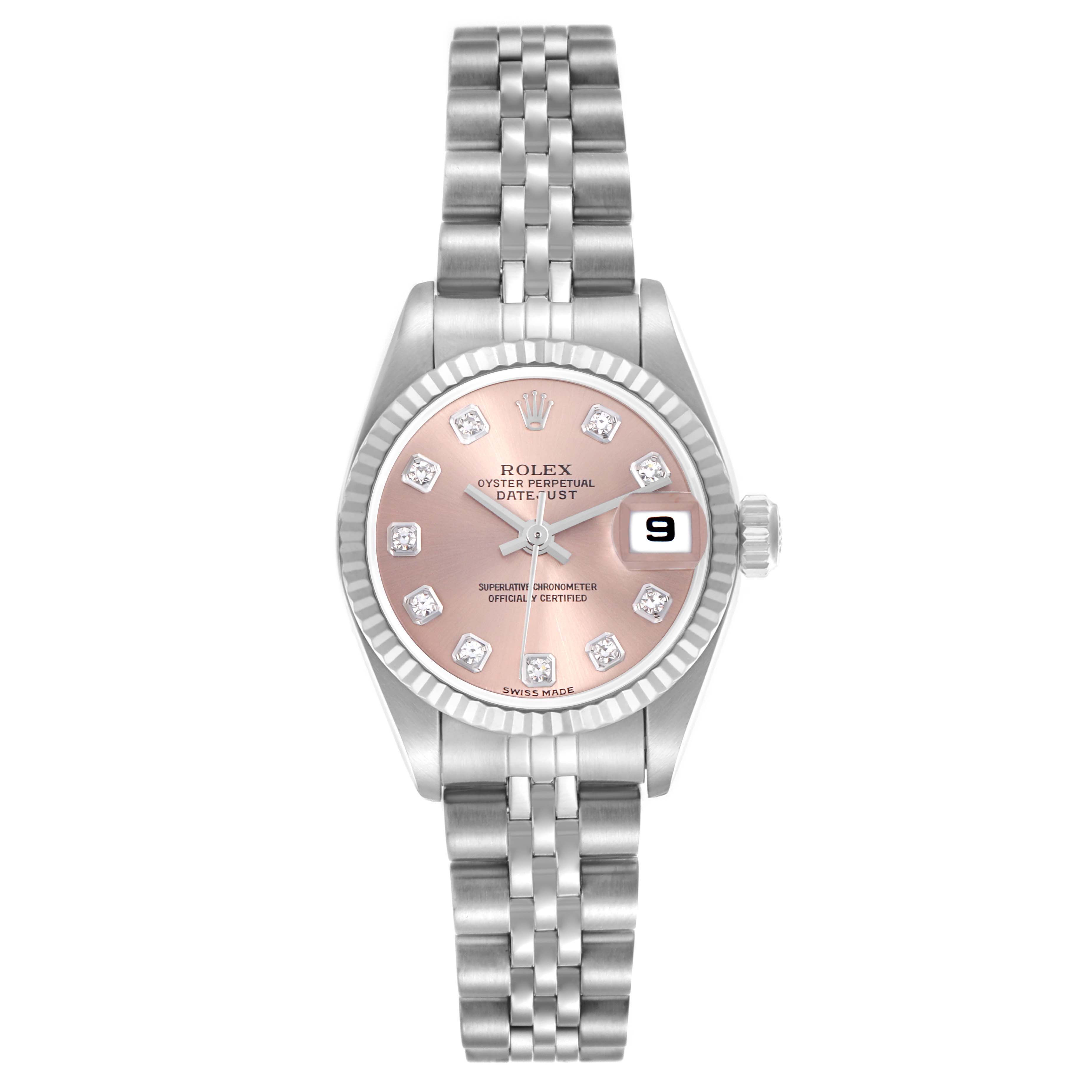 The Rolex Datejust 79174 Women's Stainless Steel Pink Dial 79174 Women's Stainless Steel Pink Dial watch is shown from the front, highlighting the pink dial, fluted bezel, and Jubilee bracelet.