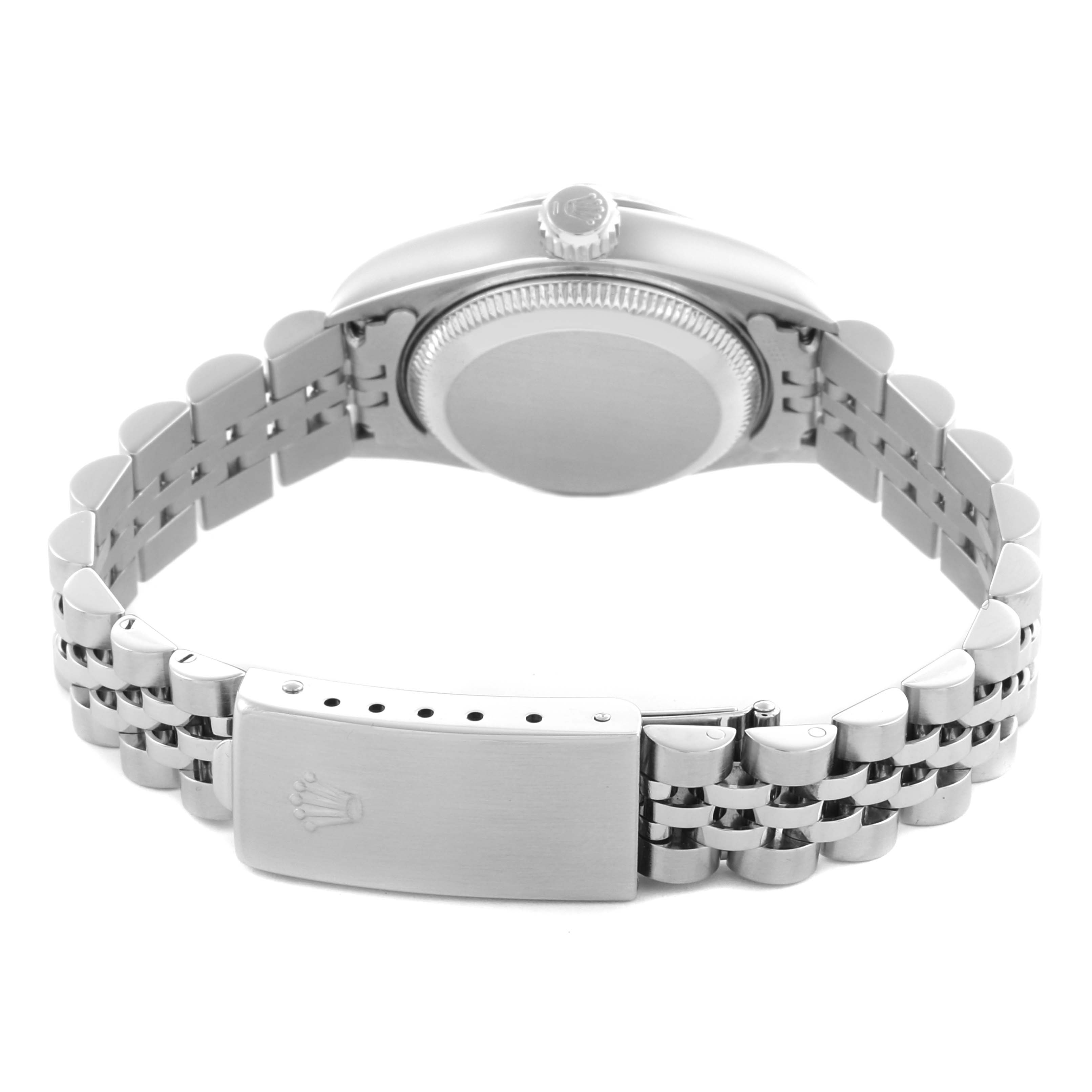 The image shows the back view of a Rolex Datejust 79174 Women's Stainless Steel Pink Dial 79174 Women's Stainless Steel Pink Dial, highlighting its case back, crown, and Jubilee bracelet with clasp.