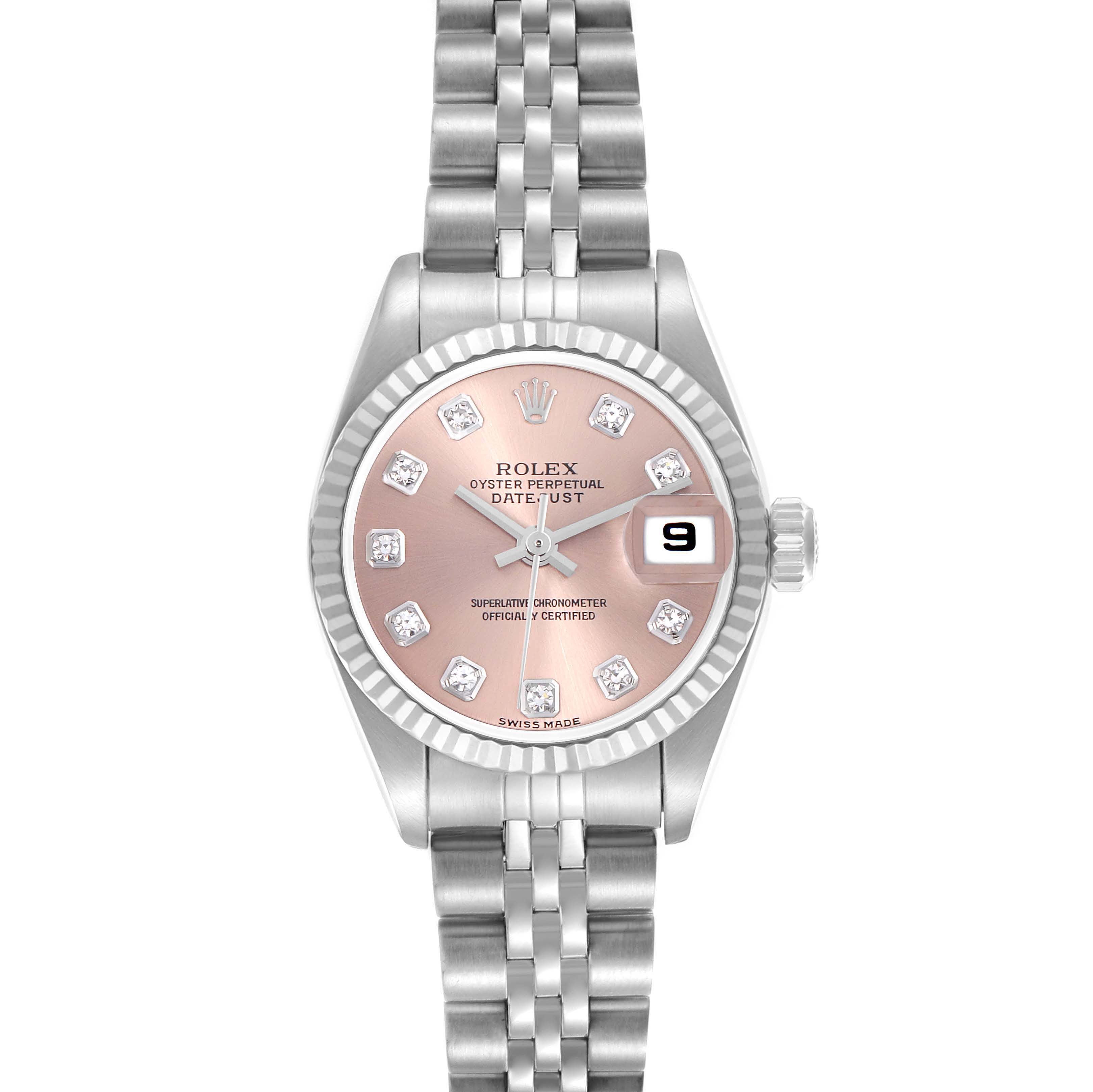 The image shows a Rolex Datejust 79174 Women's Stainless Steel Pink Dial 79174 Women's Stainless Steel Pink Dial watch from the front, highlighting the dial, bezel, and bracelet.