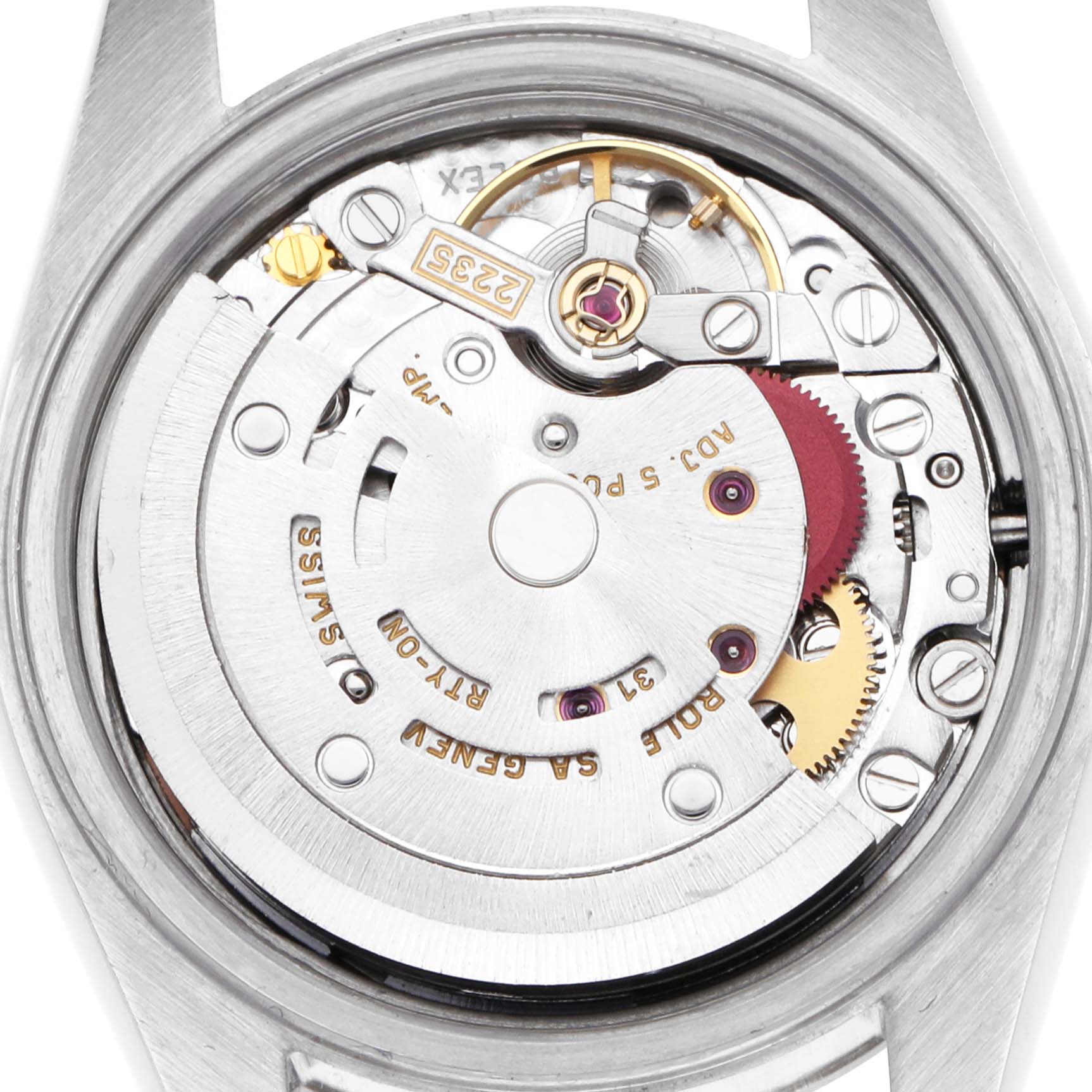 The image shows the movement of a Rolex Datejust 79174 Women's Stainless Steel Pink Dial 79174 Women's Stainless Steel Pink Dial watch from the back, highlighting its internal mechanisms.