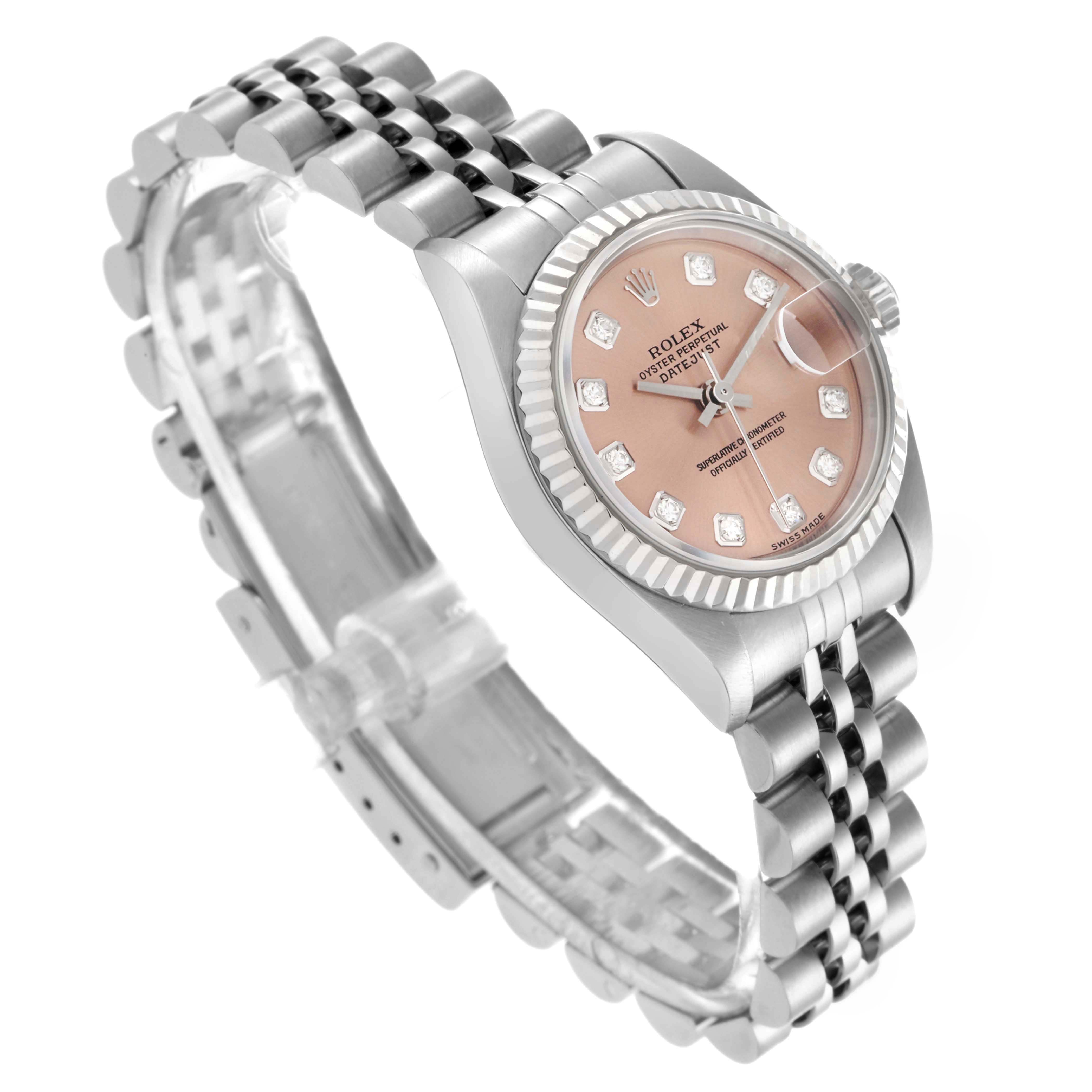 The Rolex Datejust 79174 Women's Stainless Steel Pink Dial 79174 Women's Stainless Steel Pink Dial watch is shown at an angled side view, highlighting the jubilee bracelet, fluted bezel, and dial with diamond markers.