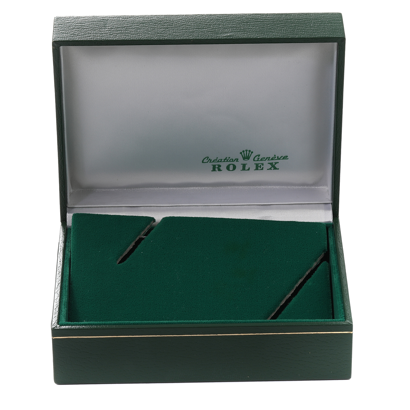 This image shows an open green Rolex watch box from the Vintage Collection, lined with green and white fabric.