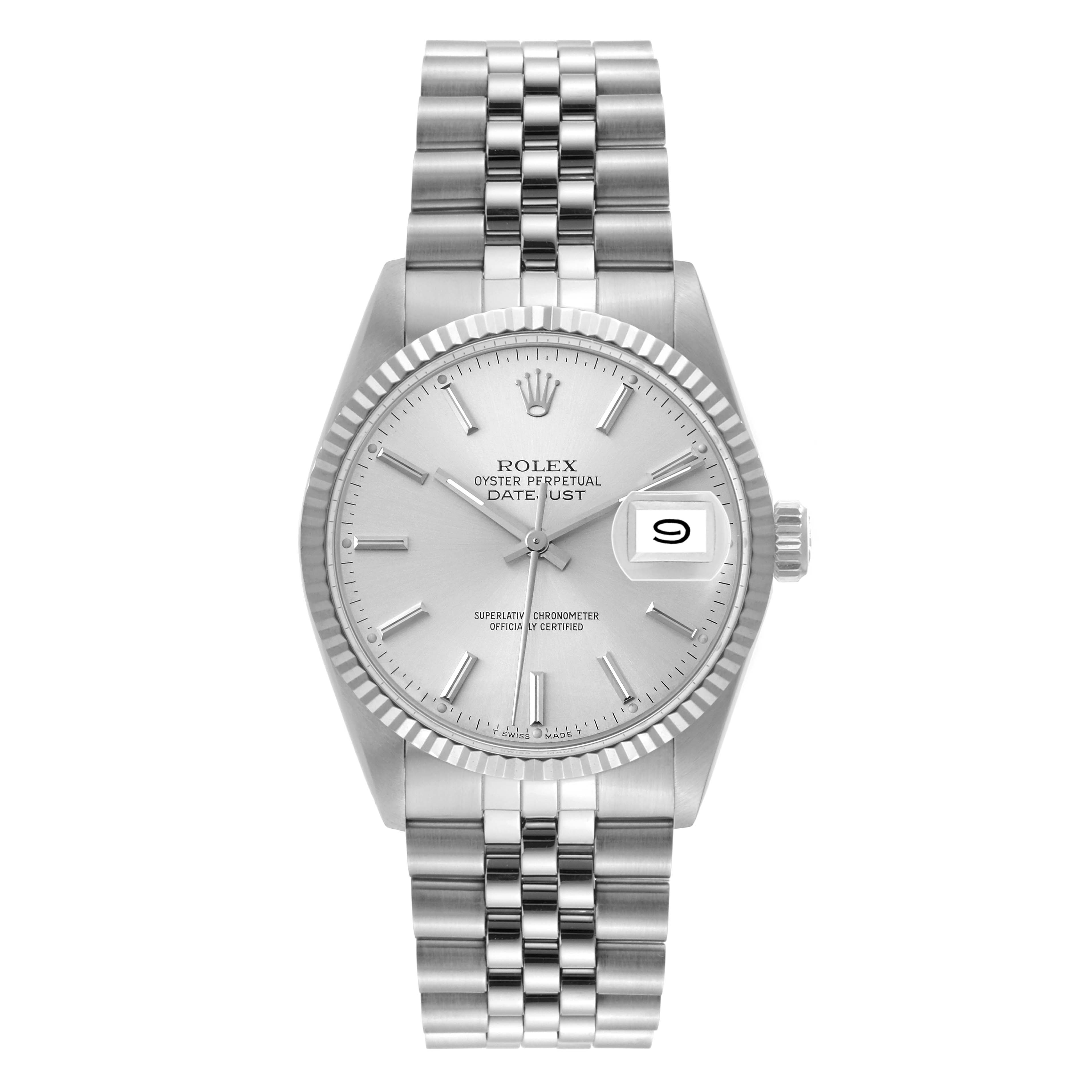 The image shows a frontal view of the Rolex Vintage Collection 16014 Men's Stainless Steel Silver Dial 16014 Men's Stainless Steel Silver Dial Oyster Perpetual Datejust watch in silver with a jubilee bracelet.