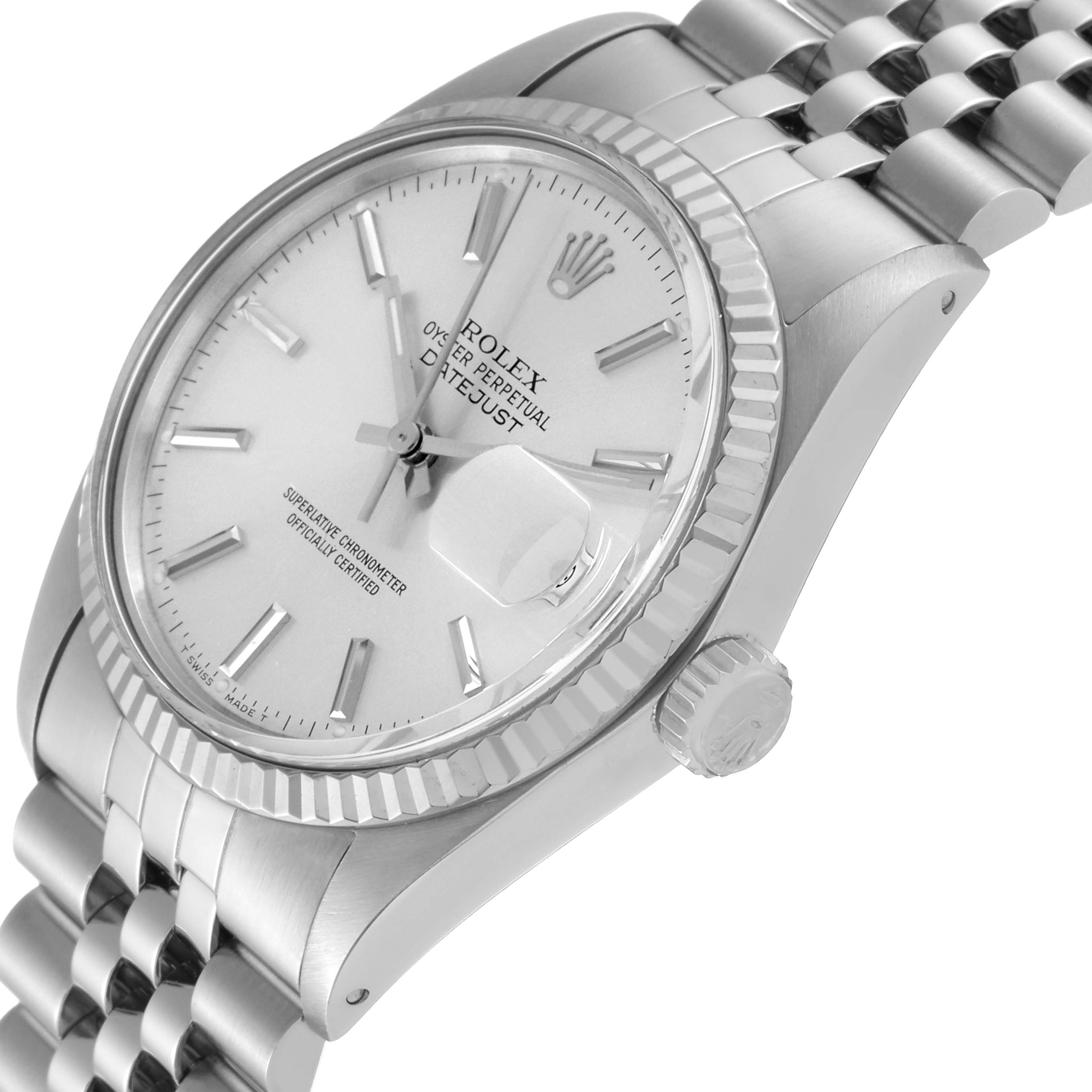 The image shows a close-up angled view of the dial, case, crown, and part of the band of the Rolex Vintage Collection 16014 Men's Stainless Steel Silver Dial 16014 Men's Stainless Steel Silver Dial model.