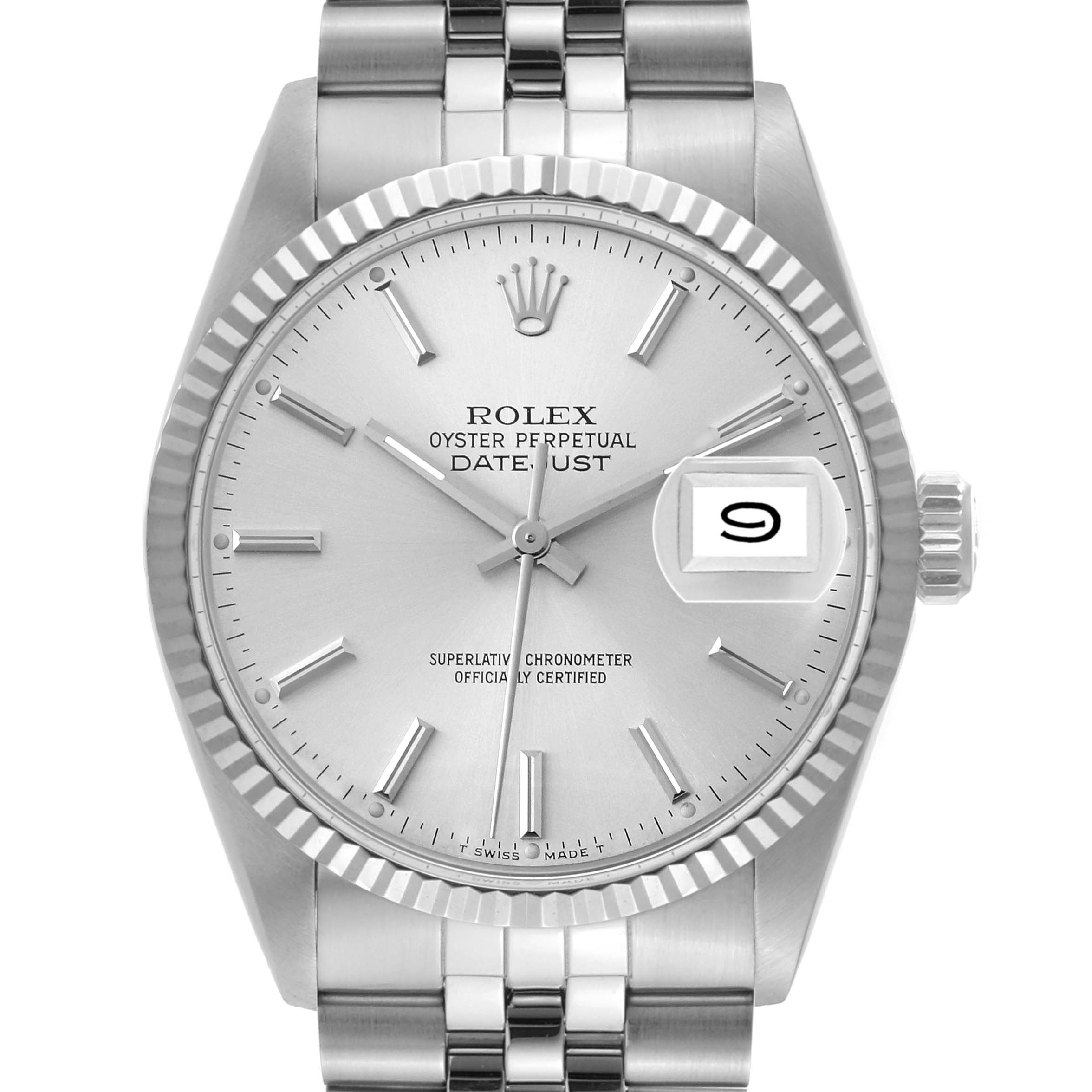 The image shows a front view of the Rolex Vintage Collection 16014 Men's Stainless Steel Silver Dial 16014 Men's Stainless Steel Silver Dial Oyster Perpetual Datejust watch, highlighting the face, bezel, and bracelet.