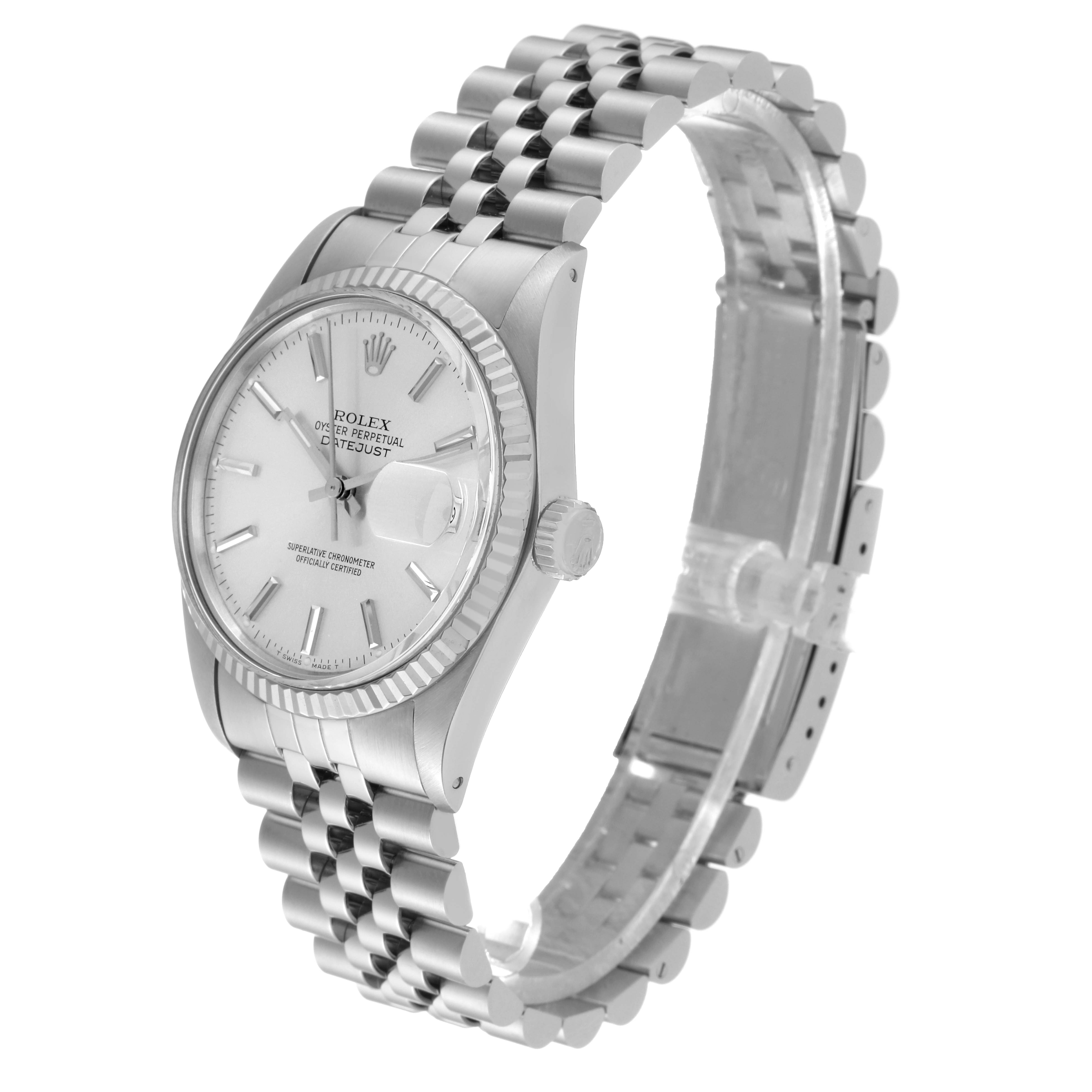 The Rolex Vintage Collection 16014 Men's Stainless Steel Silver Dial 16014 Men's Stainless Steel Silver Dial model watch is shown from a side angle, highlighting its bracelet, dial, crown, and case.