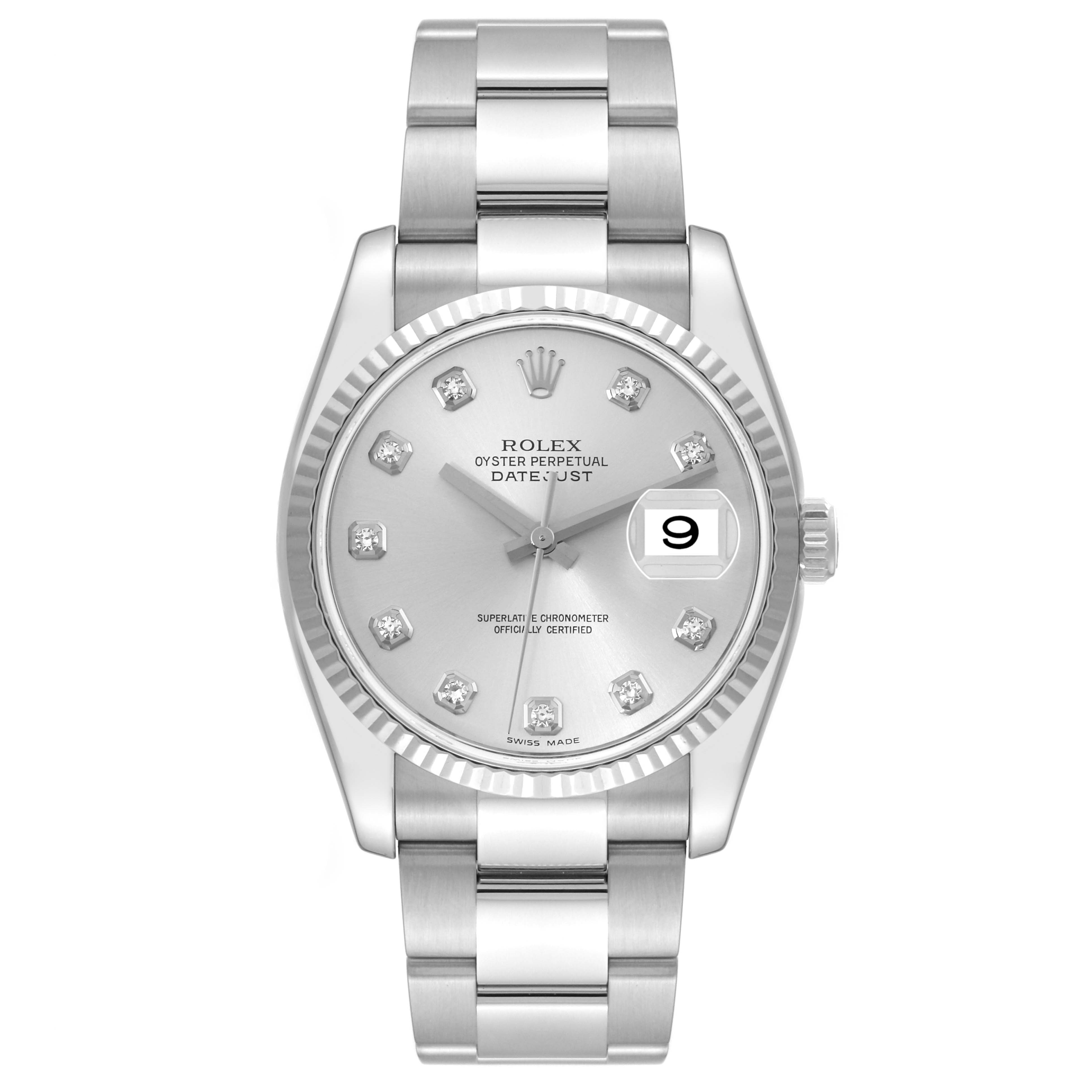 The Rolex Datejust 116234 Men's Stainless Steel Silver Dial 116234 Men's Stainless Steel Silver Dial watch is shown from the front, displaying the dial, hands, crown, and band.