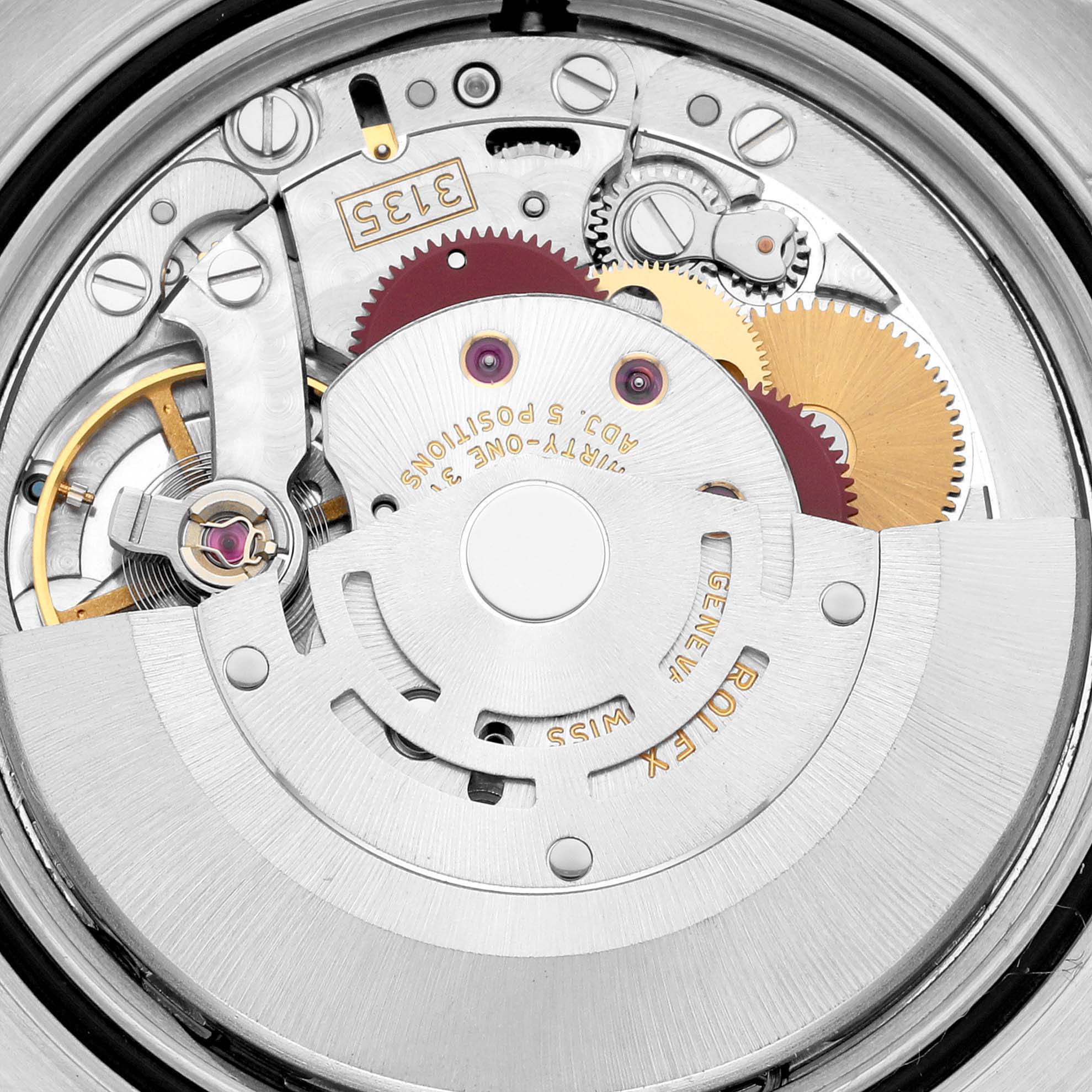 The image shows a close-up of the internal mechanical parts of a Rolex Datejust 116234 Men's Stainless Steel Silver Dial 116234 Men's Stainless Steel Silver Dial watch.
