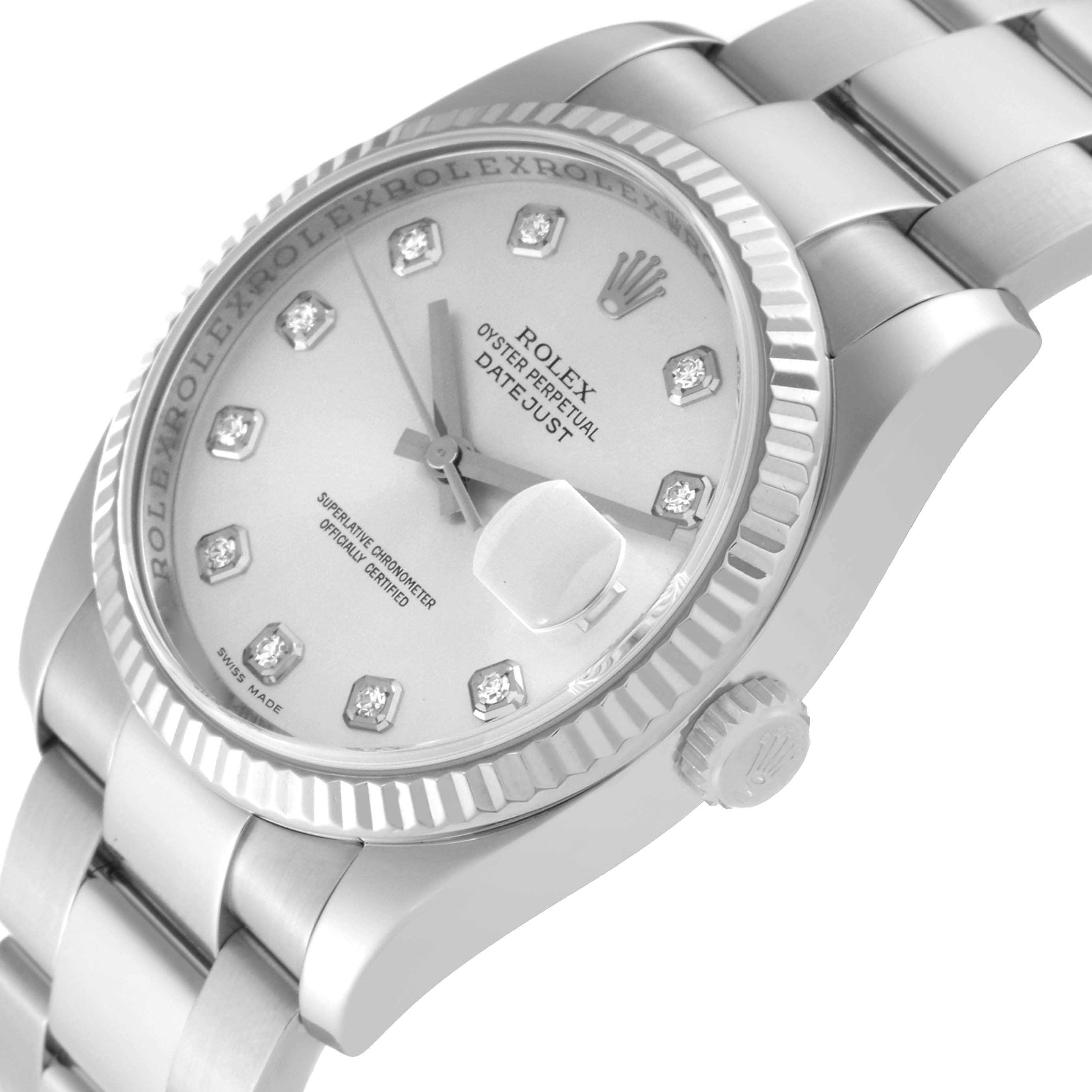 The image shows a Rolex Datejust 116234 Men's Stainless Steel Silver Dial 116234 Men's Stainless Steel Silver Dial watch at an angled close-up, highlighting the dial, bezel, and part of the bracelet.