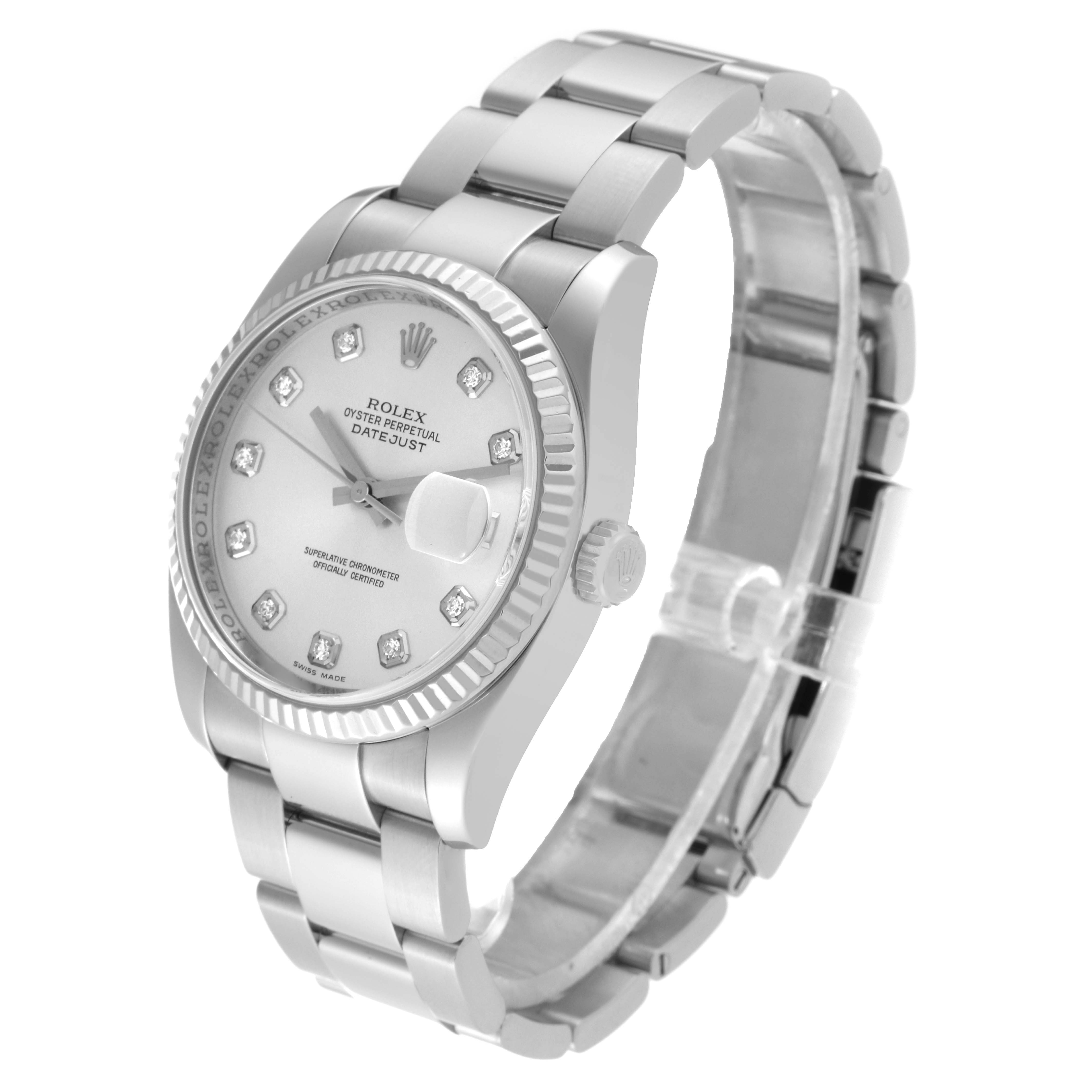 This image shows a Rolex Datejust 116234 Men's Stainless Steel Silver Dial 116234 Men's Stainless Steel Silver Dial watch from a three-quarter angle, highlighting the silver dial, bezel, and bracelet.