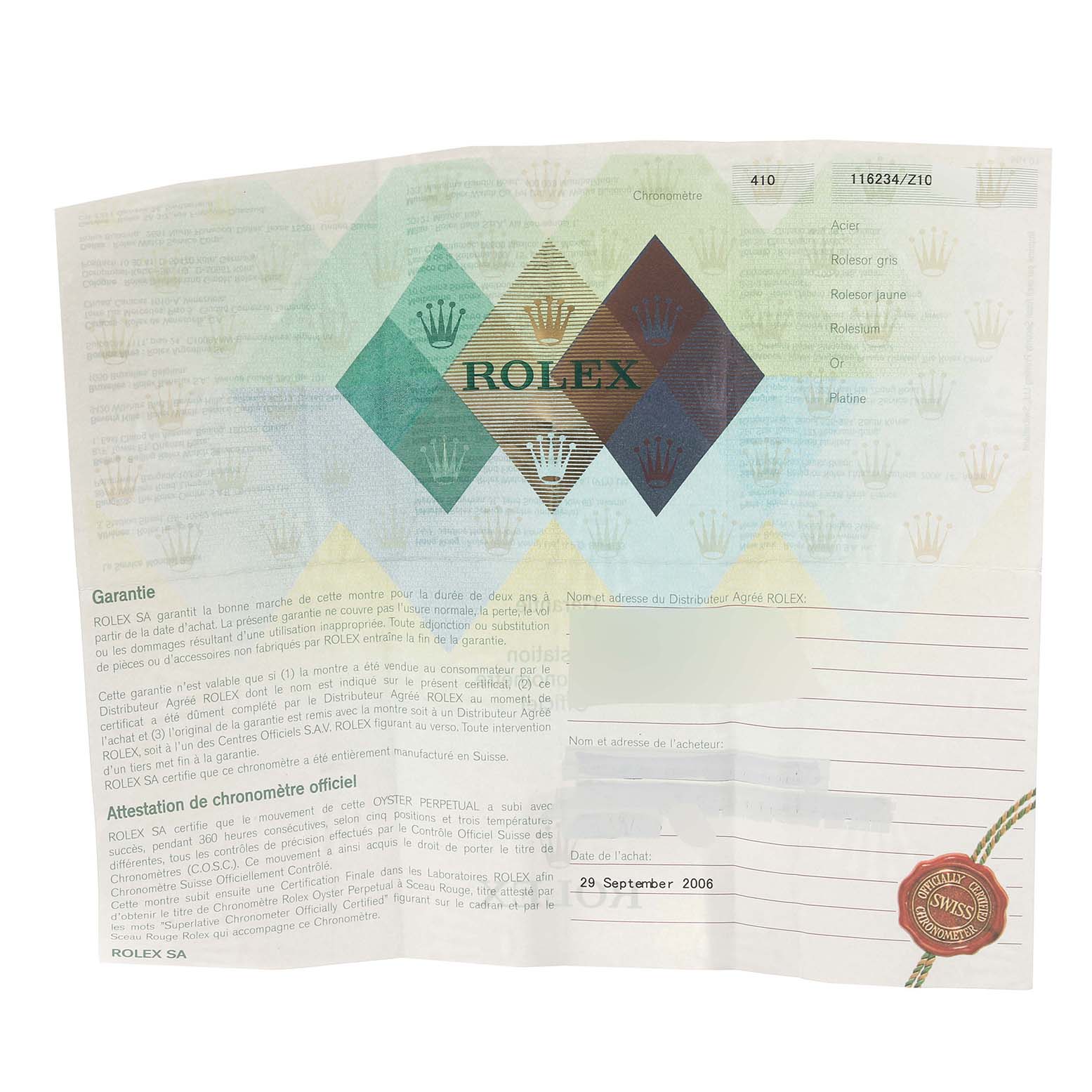 The image shows the warranty certificate for a Rolex Datejust 116234 Men's Stainless Steel Silver Dial 116234 Men's Stainless Steel Silver Dial watch.