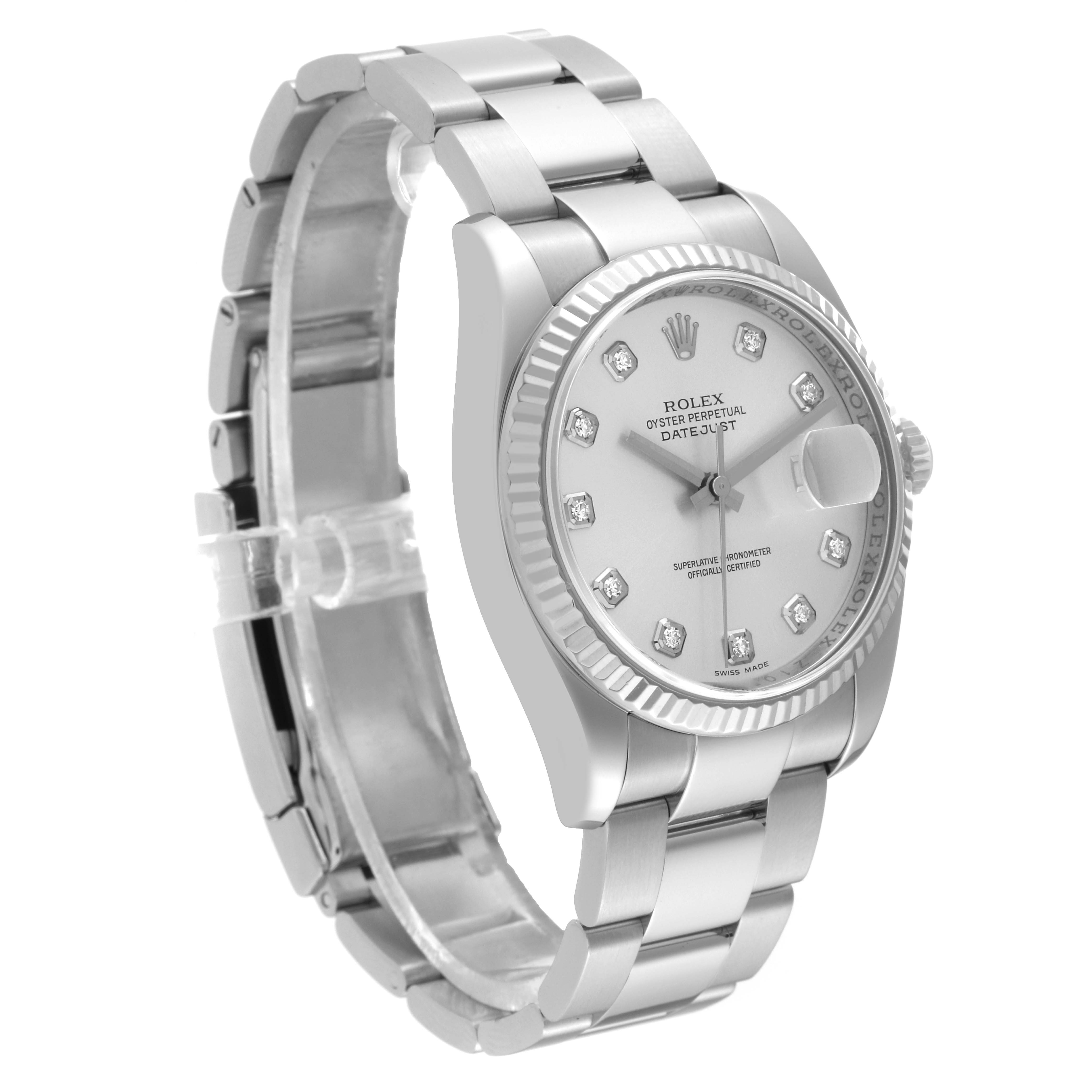The Rolex Datejust 116234 Men's Stainless Steel Silver Dial 116234 Men's Stainless Steel Silver Dial watch is shown at an angled side view, highlighting its bracelet, case, and diamond-accented dial.