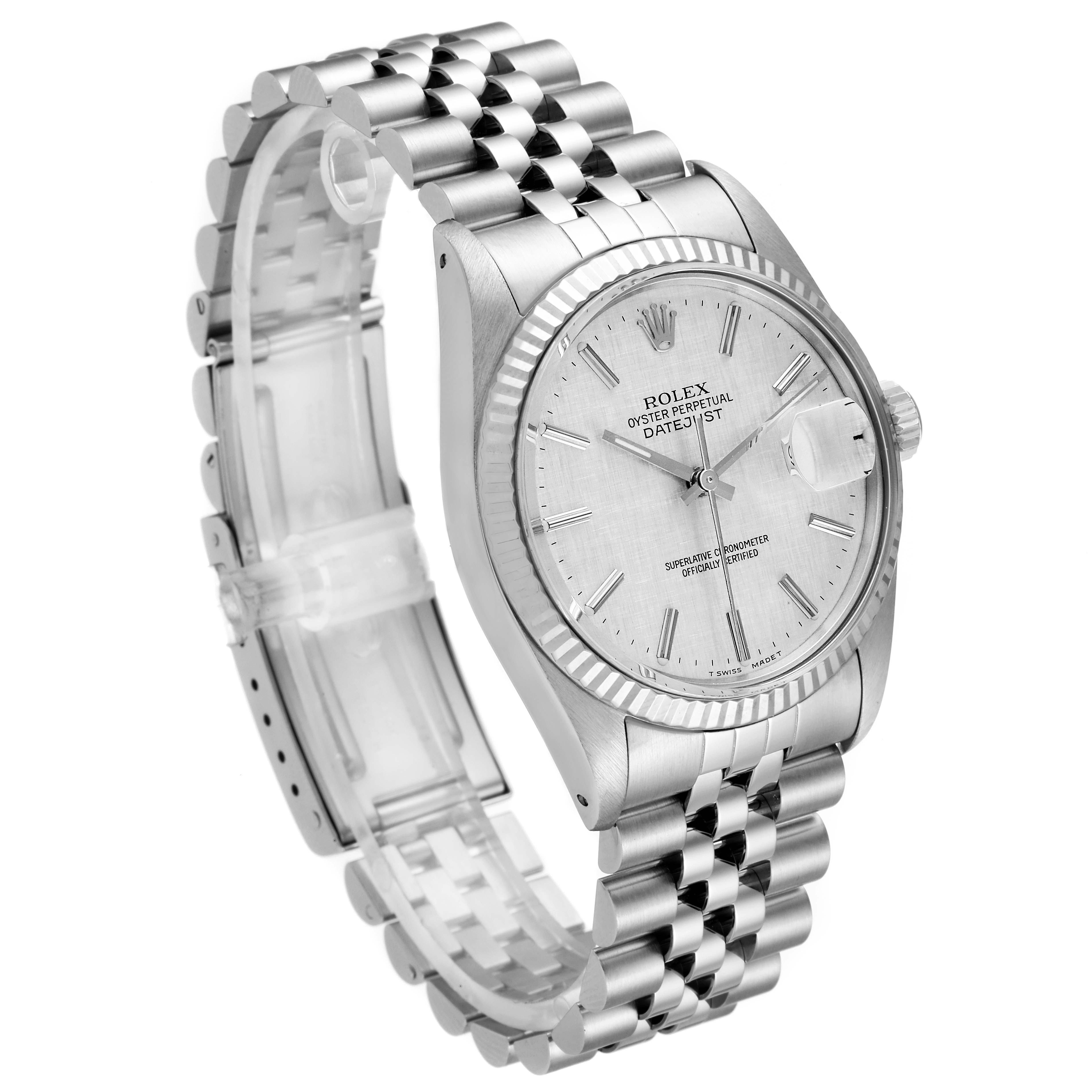 The Rolex Vintage Collection 16014 Men's Stainless Steel Silver Dial 16014 Men's Stainless Steel Silver Dial model is shown at an angled side view, displaying its face, bezel, and partially extended jubilee bracelet.