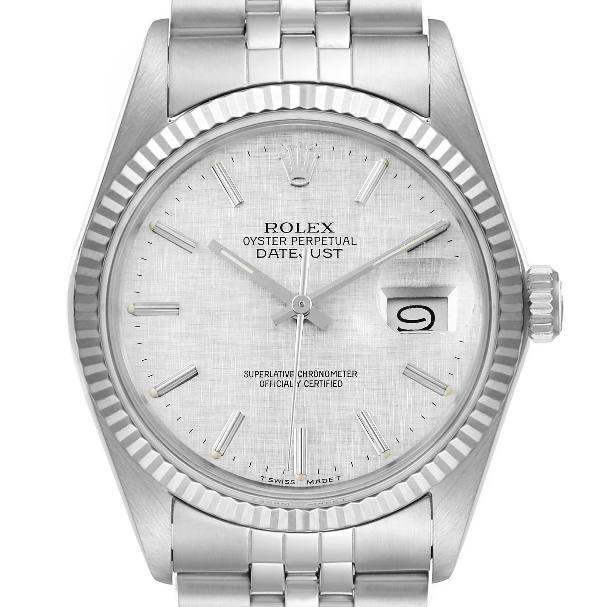 The image shows a front view of the Rolex Vintage Collection 16014 Men's Stainless Steel Silver Dial 16014 Men's Stainless Steel Silver Dial Oyster Perpetual Datejust watch, highlighting the dial, bezel, and bracelet.